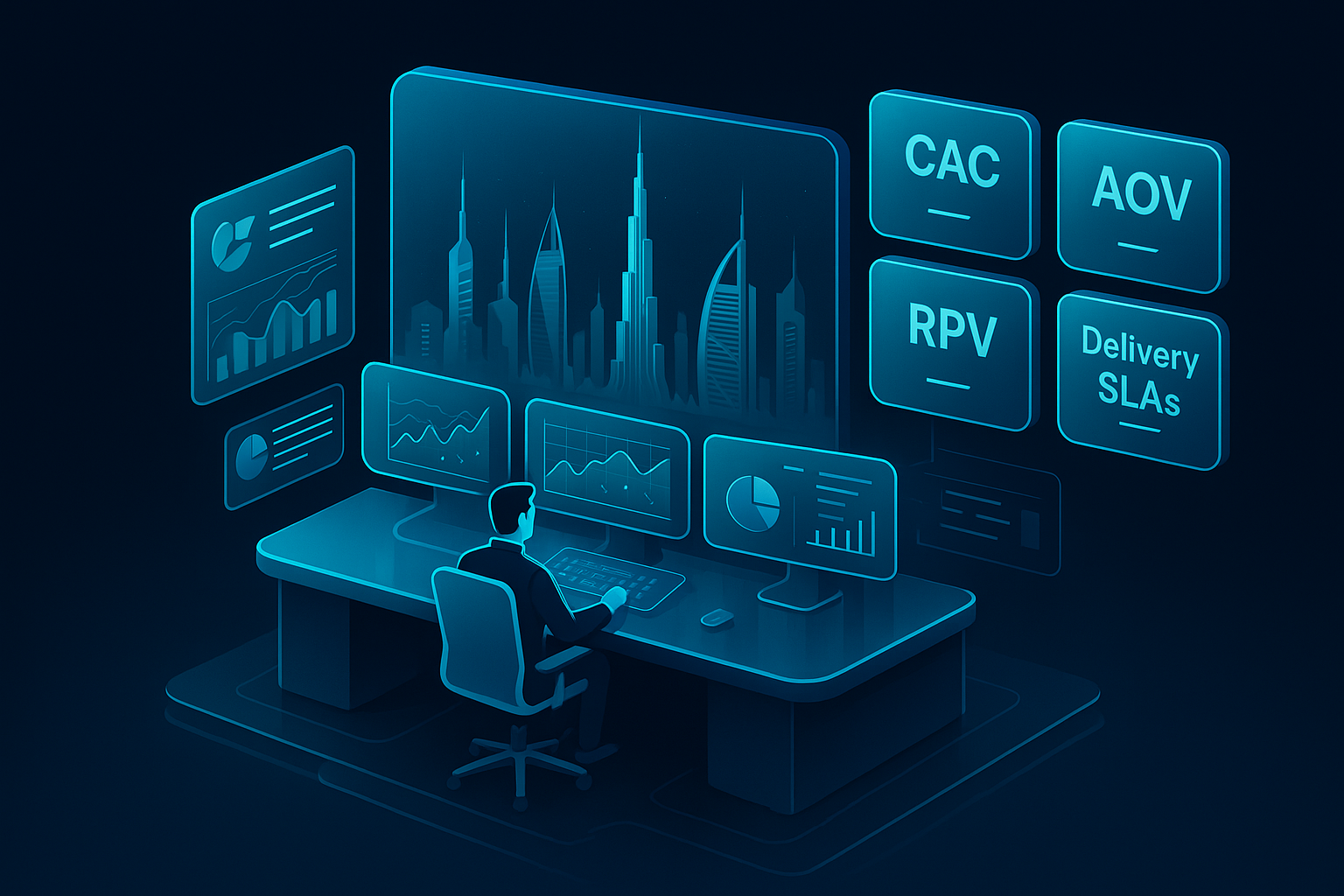 A detailed, futuristic 3D isometric description of an executive analytics command center with glassmorphism panels, cyan #00D4FF KPI tiles for CAC, AOV, RPV, and delivery SLAs, all overlaying a stylized Dubai skyline.