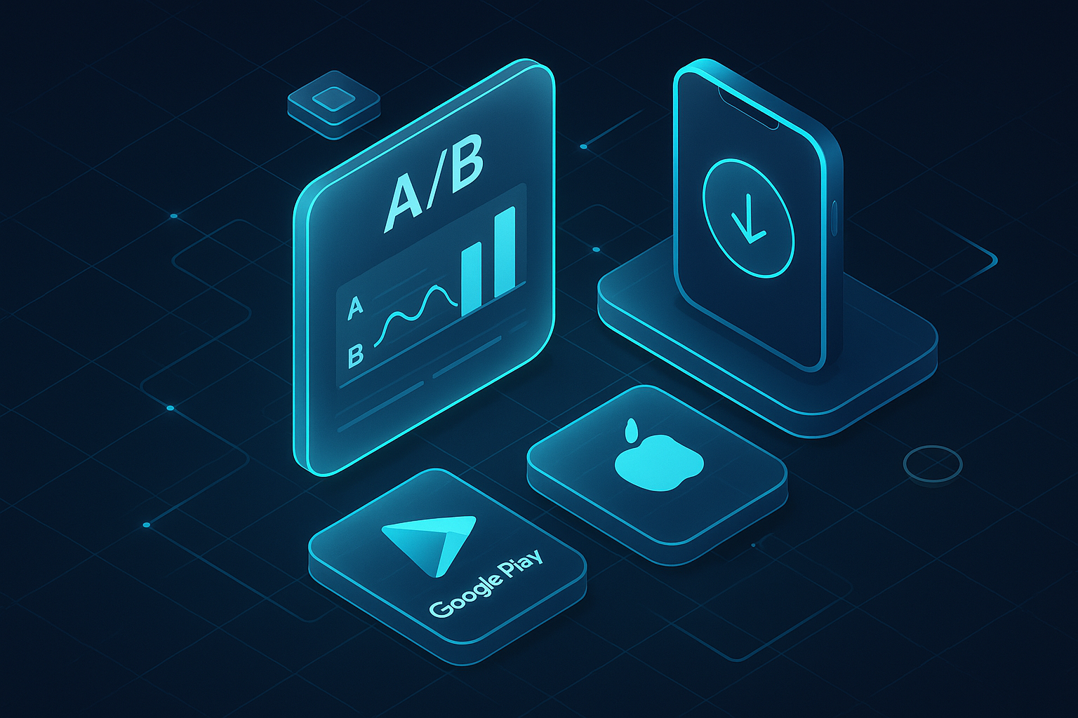 A detailed, futuristic 3D isometric description of a Progressive Web App control panel showing A B test metrics, install buttons for Google Play and App Store, cyan neon accents, glass cards on a dark grid