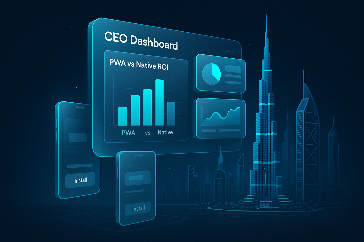 A detailed, futuristic 3D isometric description of a CEO dashboard floating over a stylized Dubai skyline, with glowing cyan #00D4FF charts comparing PWA and Native ROI, glassmorphism cards, and subtle mobile devices showing install prompts