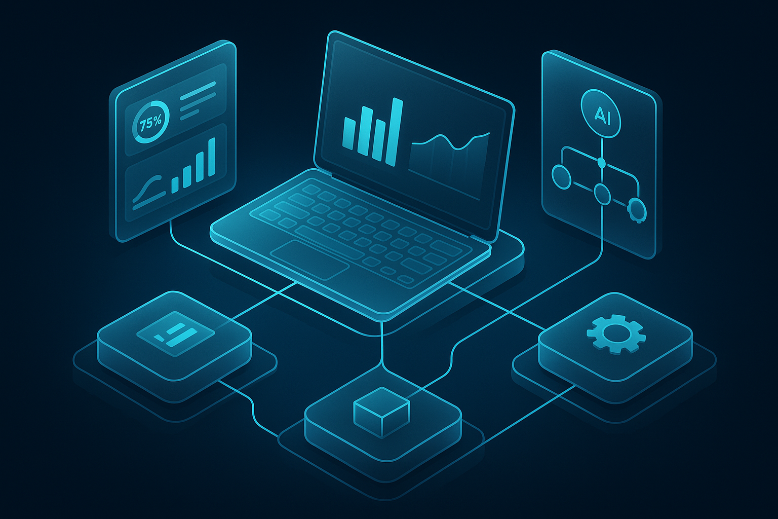 A detailed, futuristic 3D isometric workspace showing a glassmorphism command center with KPI tiles, AI workflow nodes, and cyan #00D4FF connectors linking sales, supply chain, and service apps