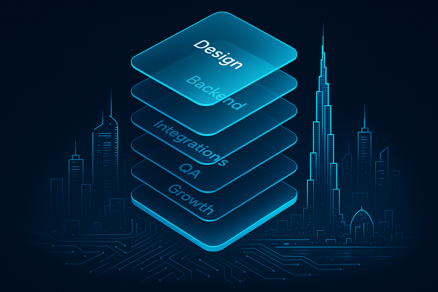 A detailed, futuristic 3D isometric breakdown of app cost layers hovering over a neon cyan Dubai skyline, with translucent glass panels labeled Design, Backend, Integrations, QA, and Growth, all in dark mode glassmorphism style