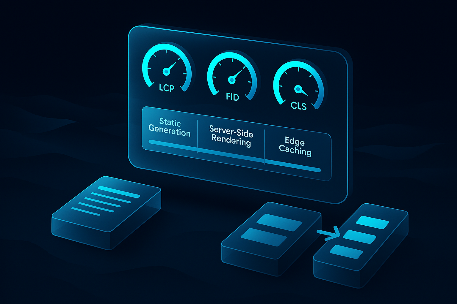 A glassmorphism dashboard floating over a dark desert landscape, showing Core Web Vitals gauges in cyan, a split panel of static generation, server side rendering, and edge caching pipelines, with 3D isometric cards representing pages and API routes