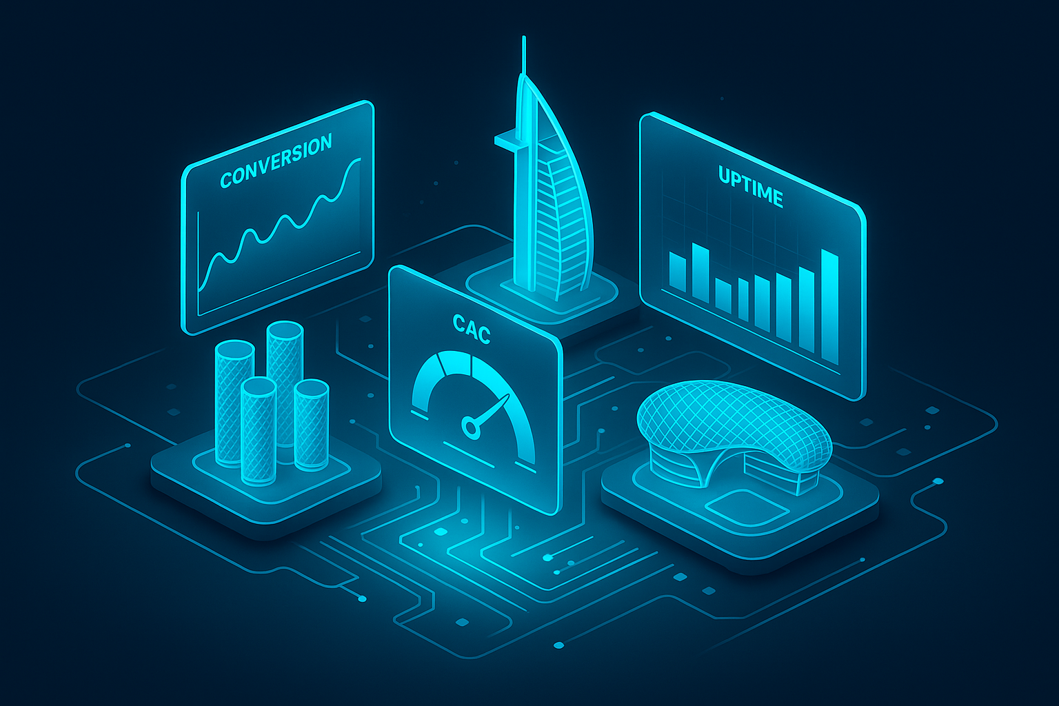 A detailed, futuristic 3D isometric description of an enterprise ROI dashboard in dark mode, with glass panels showing conversion, CAC, and uptime, Abu Dhabi landmarks as holographic data beacons, cyan #00D4FF glow