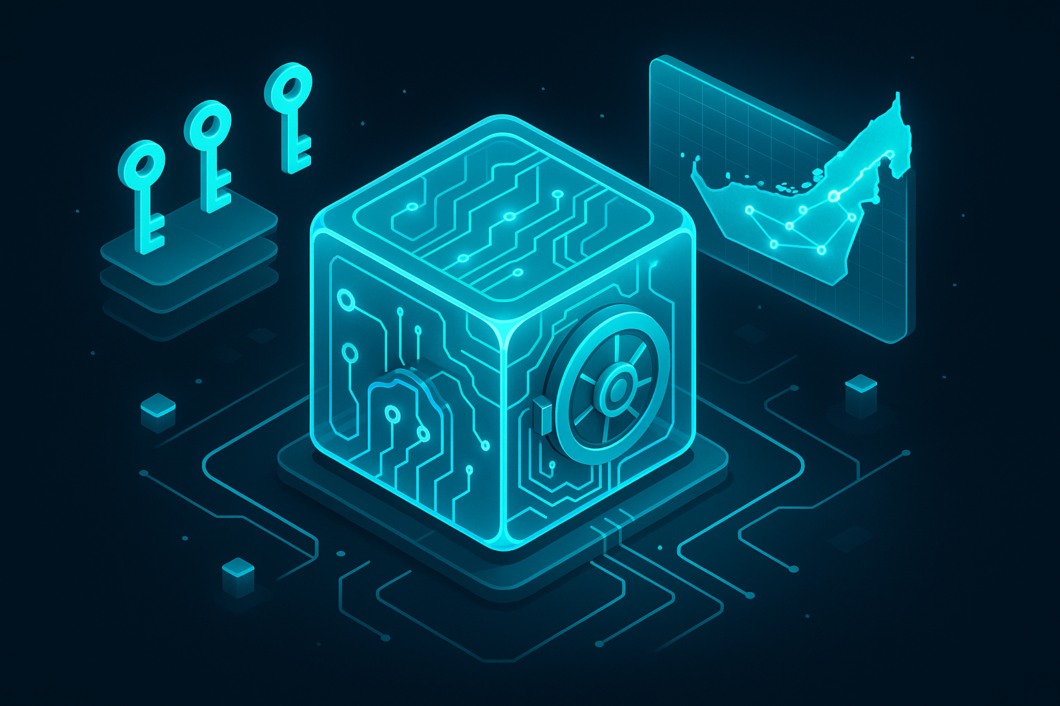 A detailed, futuristic 3D isometric description of a secure glass data vault with glowing cyan #00D4FF circuits, layered access permissions as floating keys, and a UAE map hologram showing compliant data routes