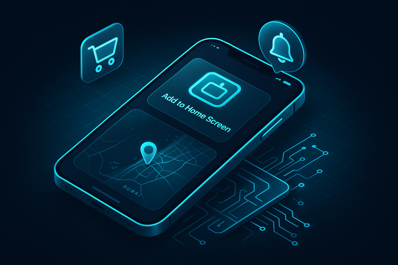 A detailed, futuristic 3D isometric description of a premium dark mode smartphone with cyan glow, showing an Add to Home Screen PWA prompt, offline cart icon, push notification bell, and a Dubai map with delivery routes