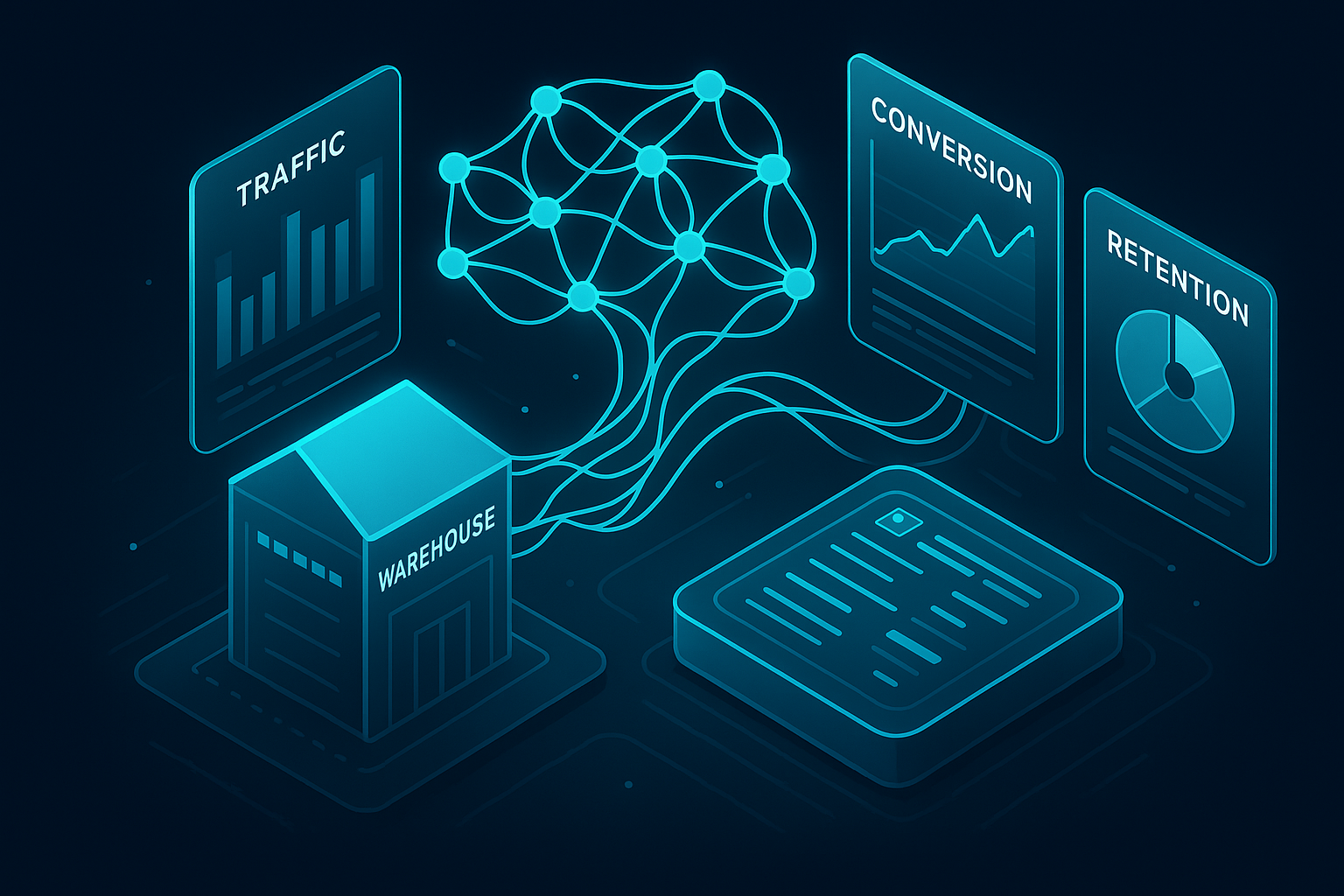 A detailed, futuristic 3D isometric description of a neural network weaving through glass cards labeled Traffic, Conversion, Retention, each streaming data into a cyan lit warehouse and a real time personalization engine