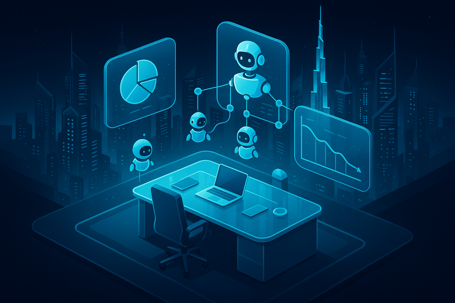 A detailed, futuristic 3D isometric description of a CEO desk overlooking a neon lit Dubai skyline, glassmorphism dashboards floating in cyan, AI bots routing tasks between finance, sales, and operations, with cost curves trending down
