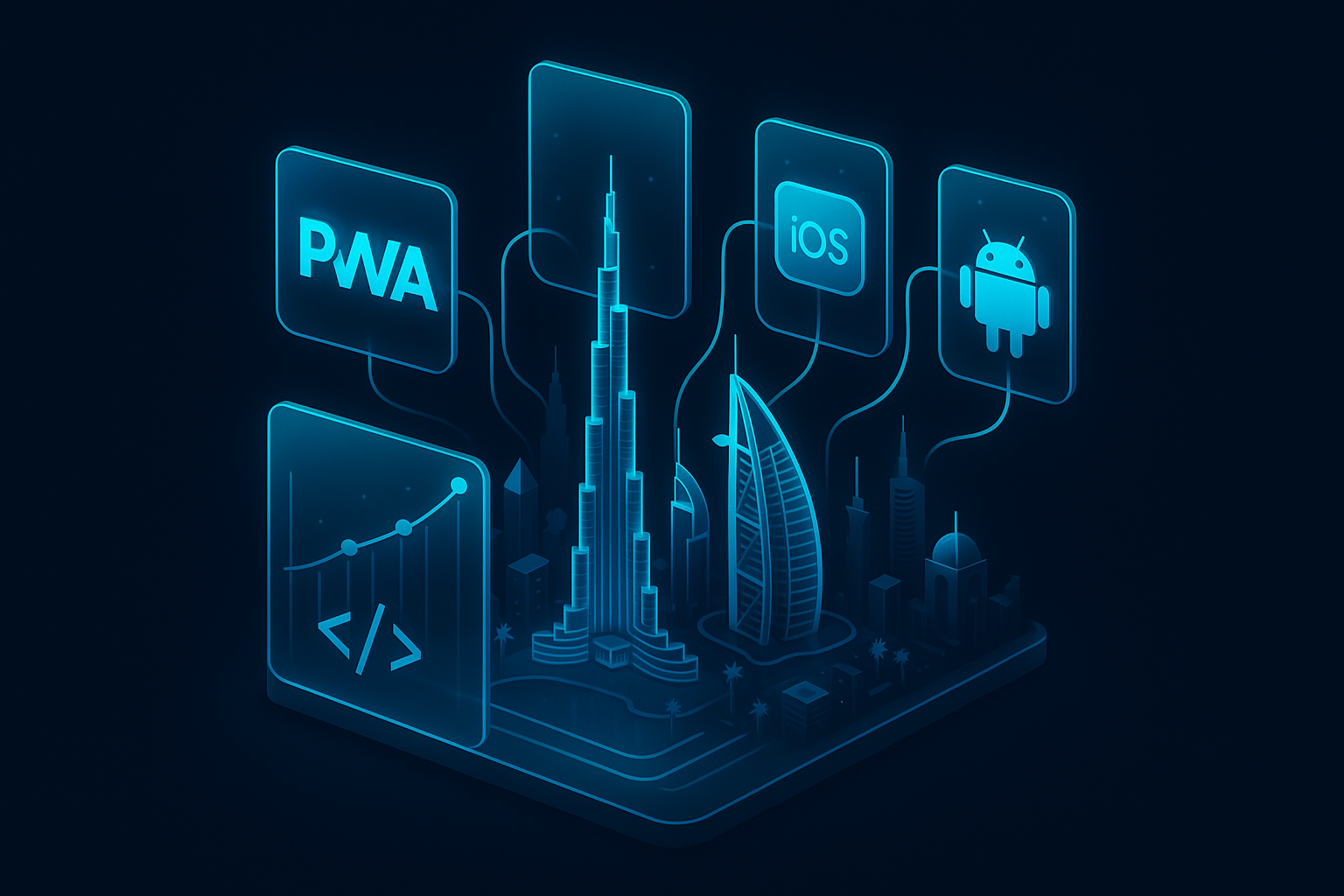A detailed, futuristic 3D isometric description of a Dubai skyline at night with glowing cyan #00D4FF data streams connecting a PWA icon to iOS and Android devices, glass panels showing cost lines converging into one unified codebase, all in a premium glassmorphism style