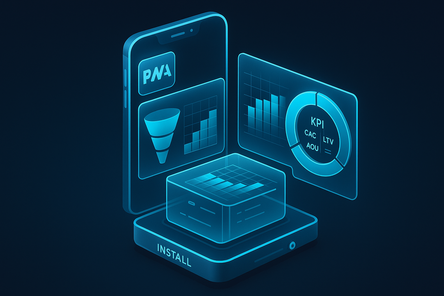 A detailed, futuristic 3D isometric analytics cockpit with glass panels showing funnels, cohort charts, and a cyan KPI ring for CAC, LTV, AOV, and conversion, framed by a holographic smartphone with a PWA badge and install button.