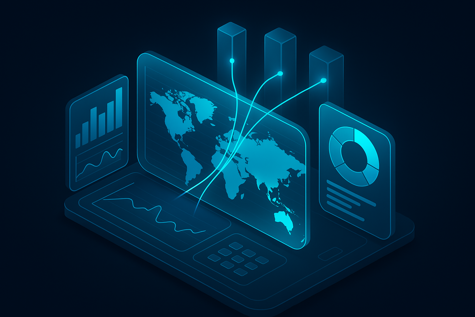 A detailed, futuristic 3D isometric description of a command center dashboard with holographic charts, a world map highlighting UAE, and cyan data beams connecting customer touchpoints, all in a sleek dark mode glassmorphism style