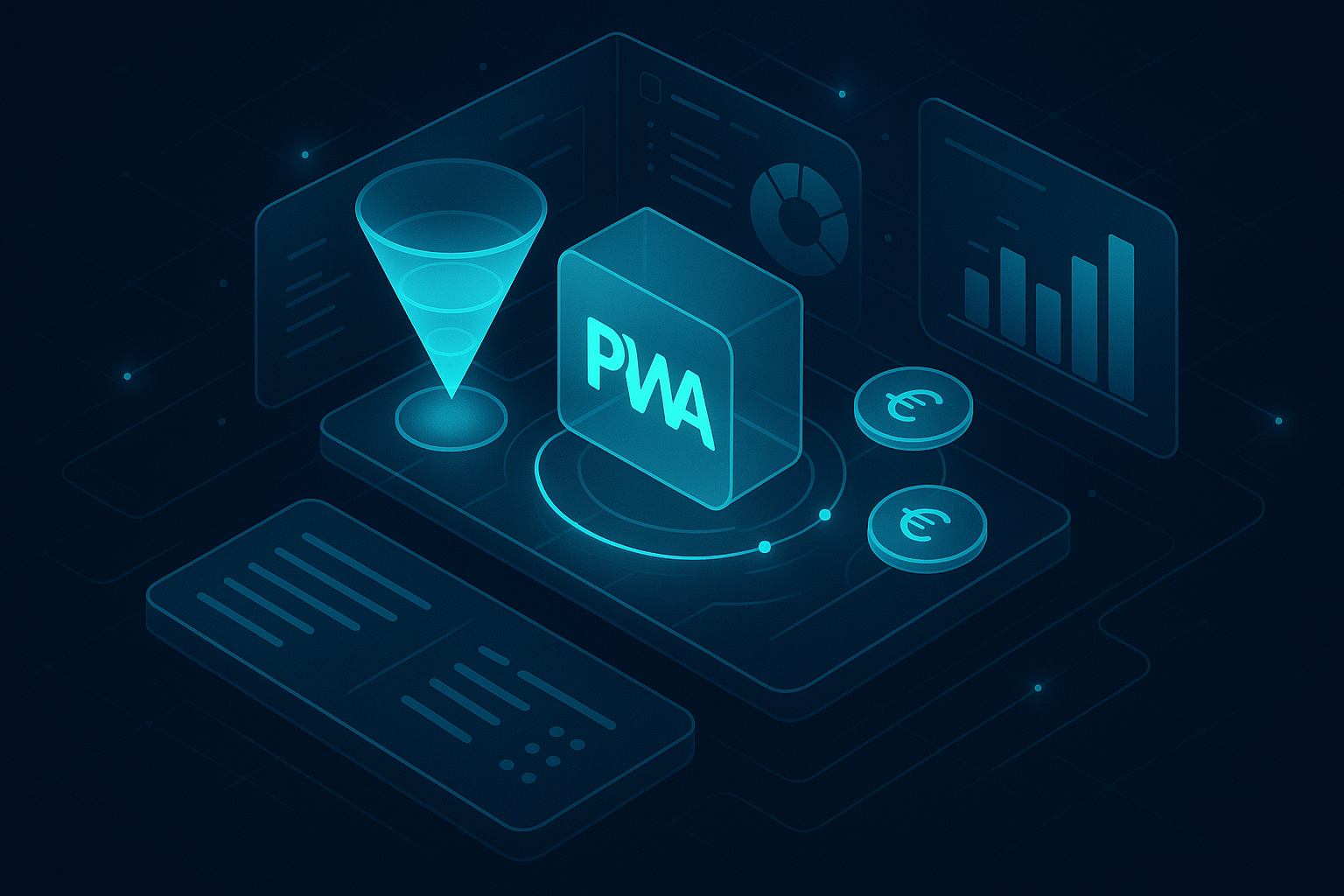 A detailed, futuristic 3D isometric description of an ROI war room with holographic funnels, retention cohorts, and AED currency counters orbiting a PWA icon, set against a dark glassmorphism interface with cyan glow