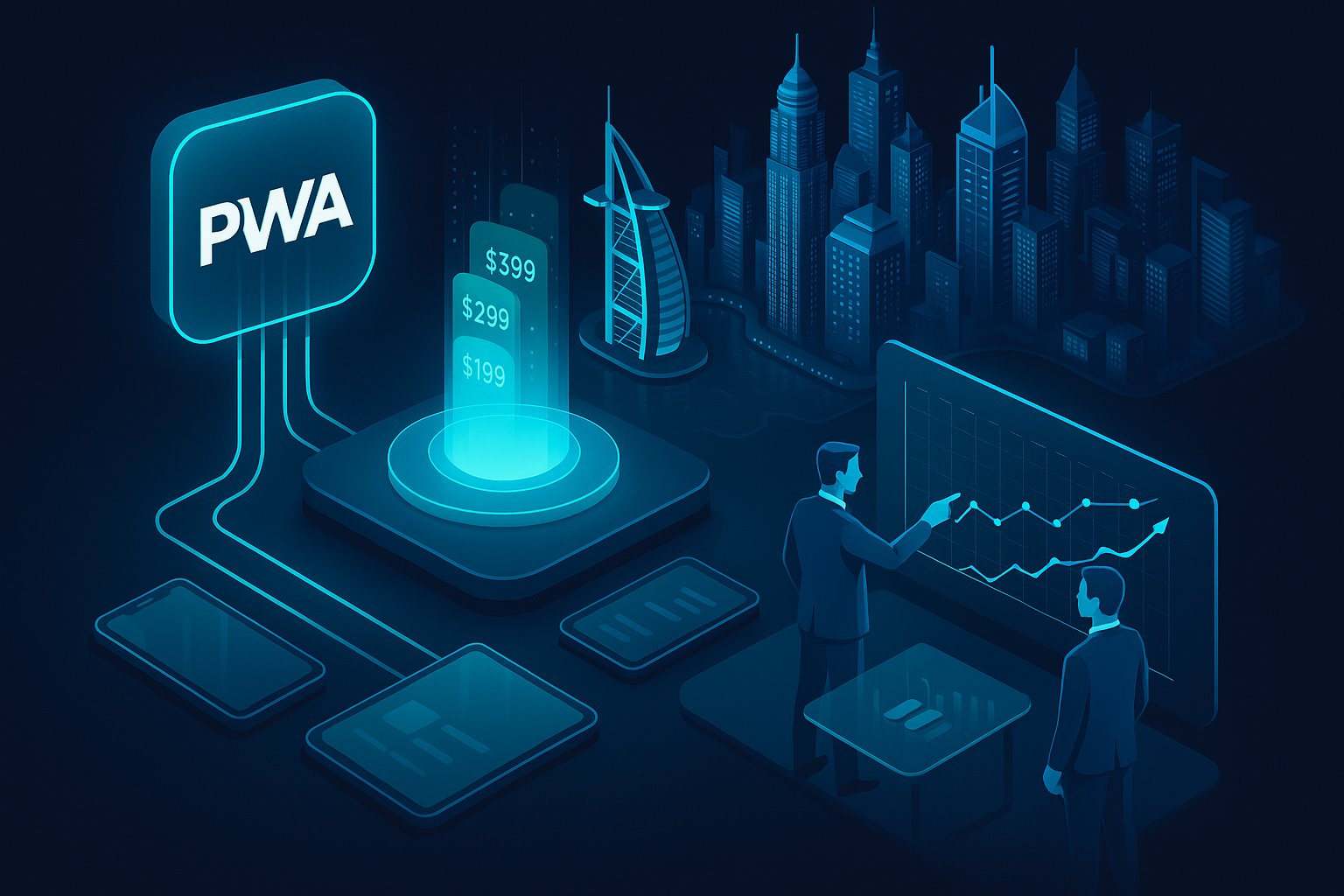 A detailed, futuristic 3D isometric illustration of Dubai Marina at night, glowing cyan data streams linking a PWA icon to phones and tablets, holographic price bands floating above a glass table, executives pointing at ROI charts in a dark mode glassmorphism scene