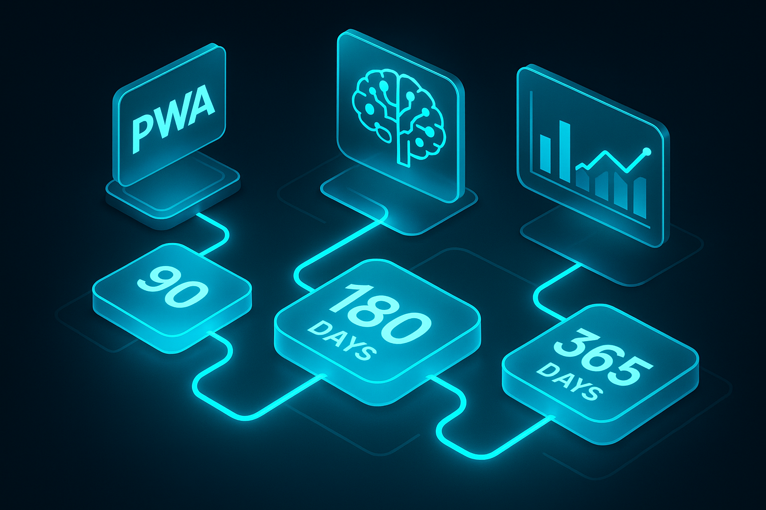 A detailed, futuristic 3D isometric description of a roadmap as glowing glass tiles labeled 90, 180, 365 days, with cyan pathways linking milestones, a PWA icon, AI brain node, and analytics charts floating in glassmorphism panels