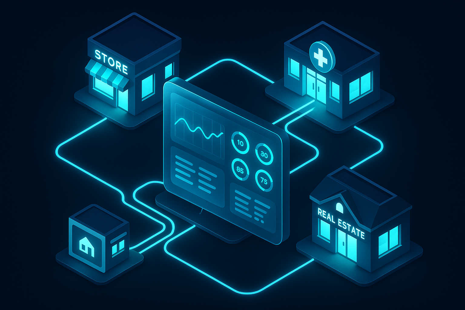 A detailed, futuristic 3D isometric scene of a retail storefront, a clinic, and a real estate office connected by luminous cyan #00D4FF data pathways, each feeding into a central PWA dashboard screen with glassmorphism panels and live KPI counters