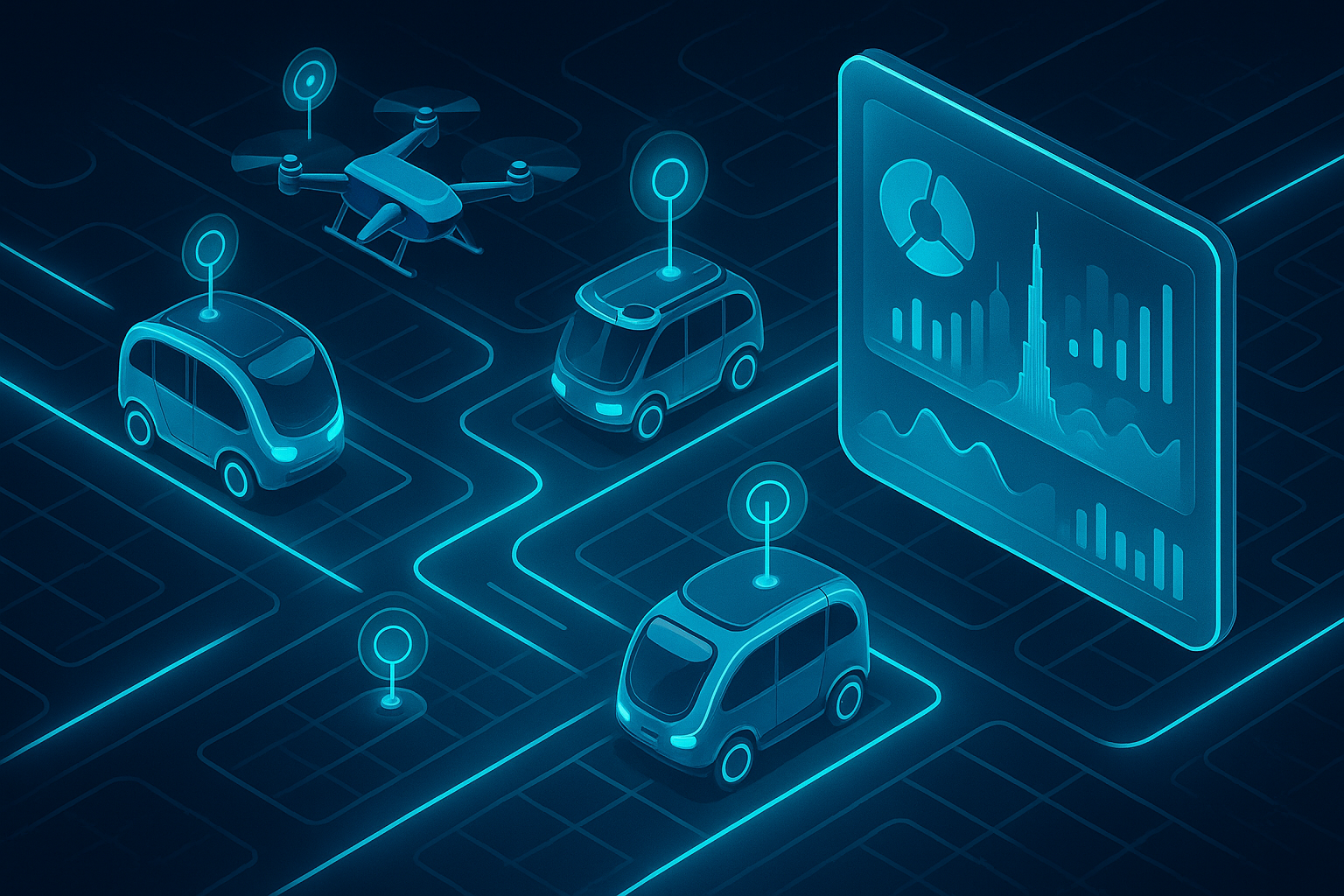 A detailed, futuristic 3D isometric description of autonomous delivery pods and drones weaving through a neon lit Dubai grid, with cyan status beacons and a live logistics dashboard floating in glassmorphism panels