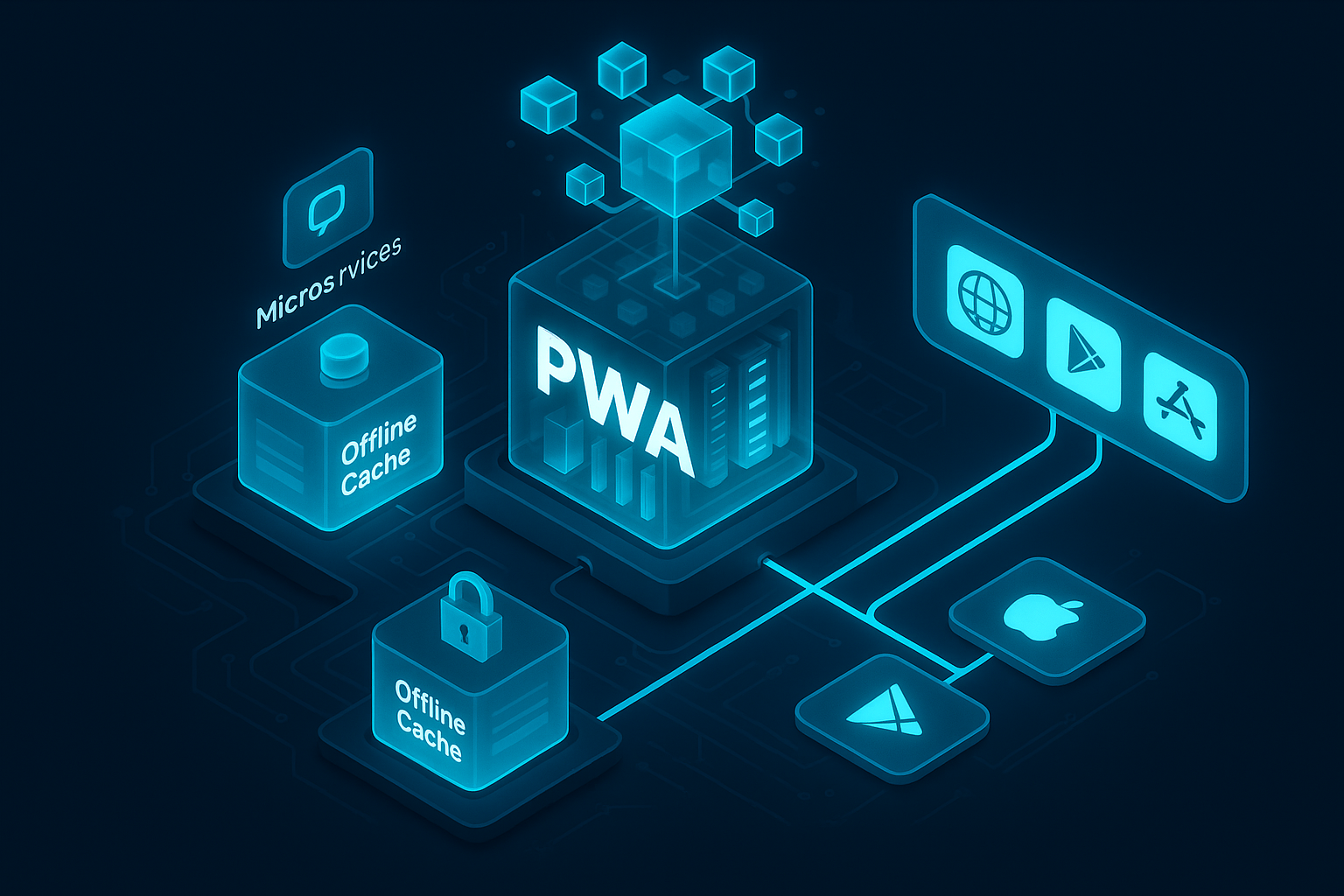 A detailed, futuristic 3D isometric cutaway of a PWA engine room, microservices glowing in cyan #00D4FF, push notification streams, offline cache vaults, and a single codebase pipeline branching to Web, Google Play, and App Store icons in glassmorphism tiles