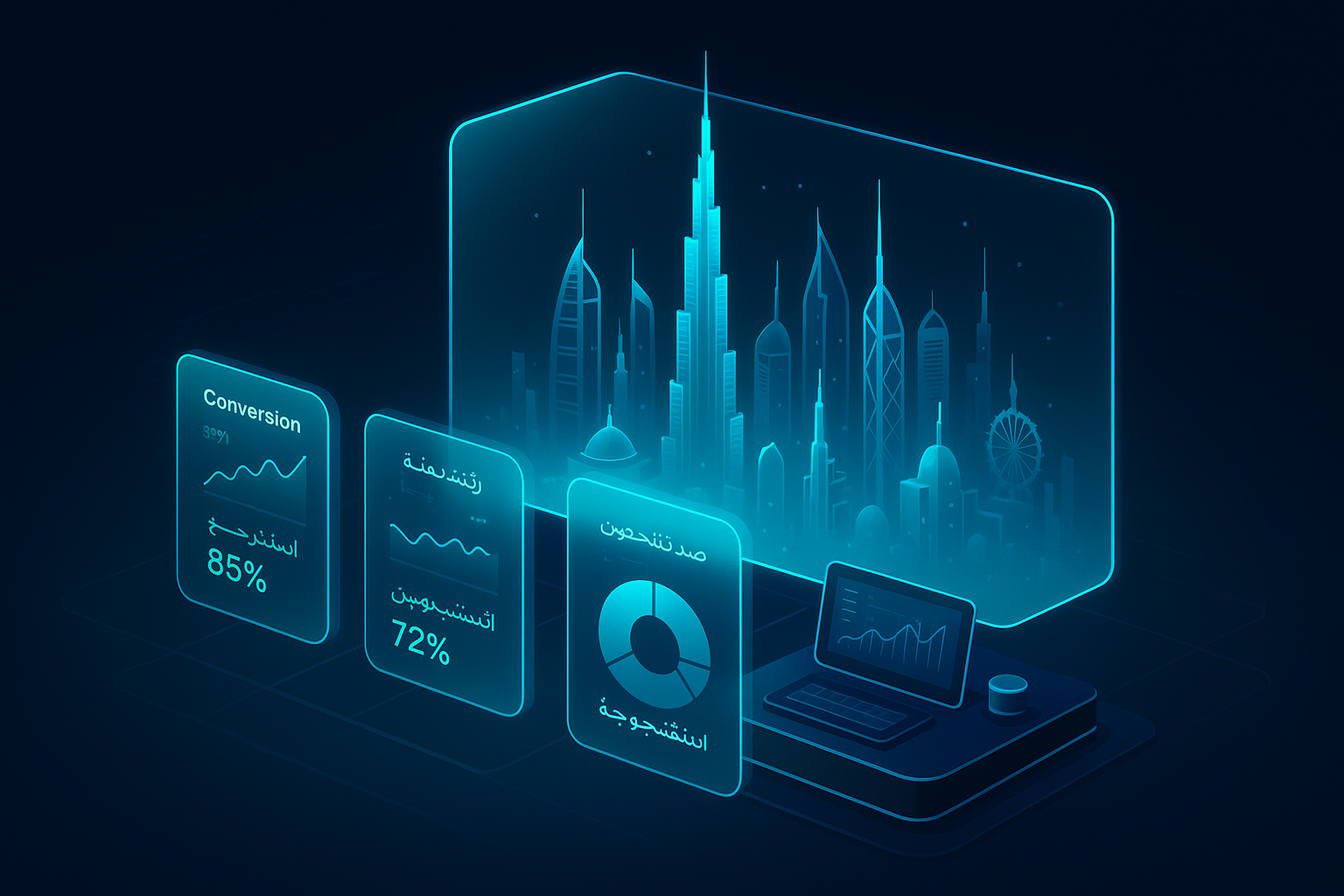A 3D isometric analytics command center overlooking a holographic Dubai skyline. Dual language UI cards in Arabic and English show conversion, retention, and customer segments. Cyan #00D4FF glow, glassmorphism panes, and premium dark mode.