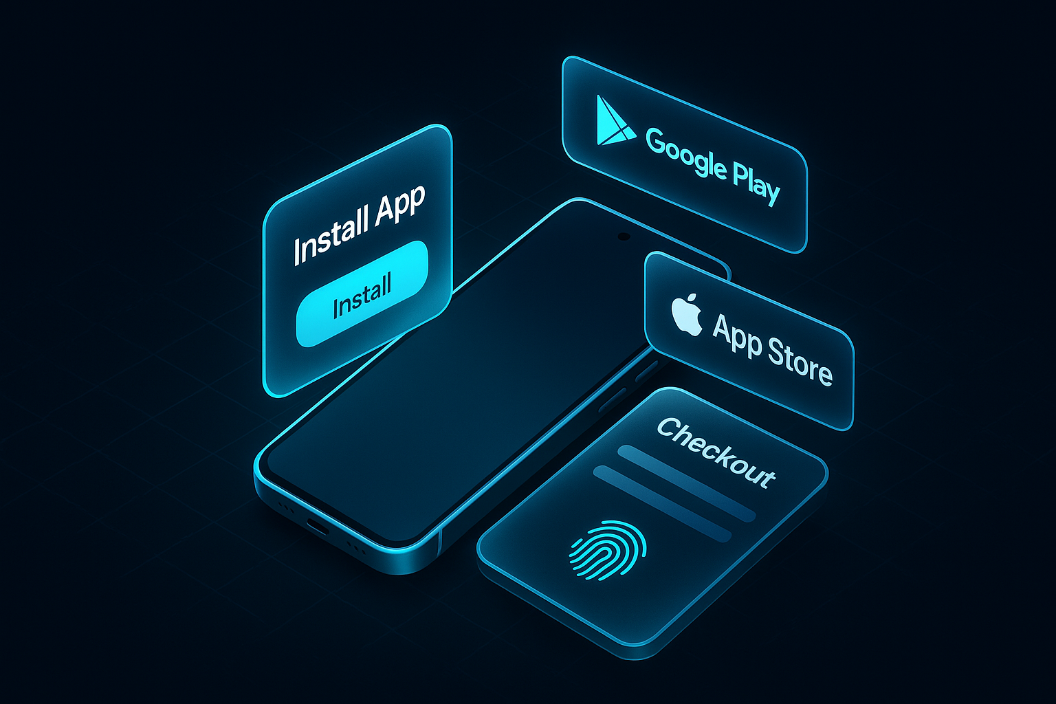 A detailed, futuristic 3D isometric UI of a PWA install flow, showing a sleek phone with cyan #00D4FF glow, one tap install modal, Google Play and App Store badges hovering, and a seamless checkout card with biometrics in a glassmorphism panel.