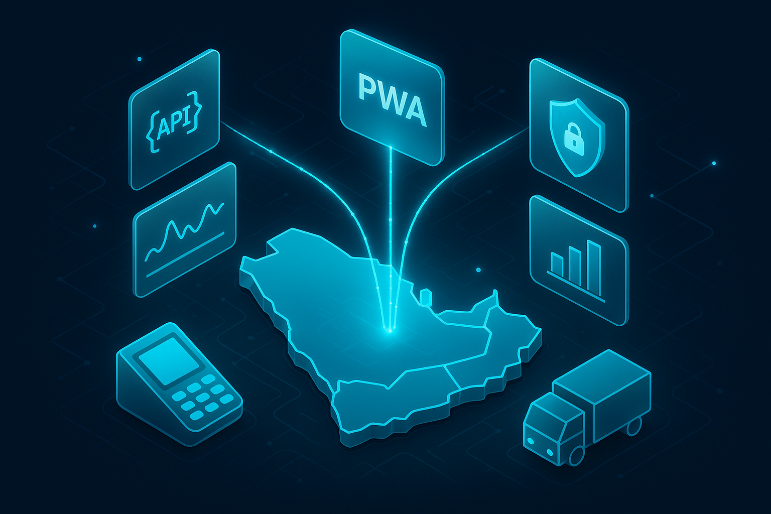 A detailed, futuristic 3D isometric map of the GCC with glowing cyan data streams linking a central PWA hub to services like payments, logistics, and analytics; floating glass panels show API calls, latency graphs, and security shields in a translucent style