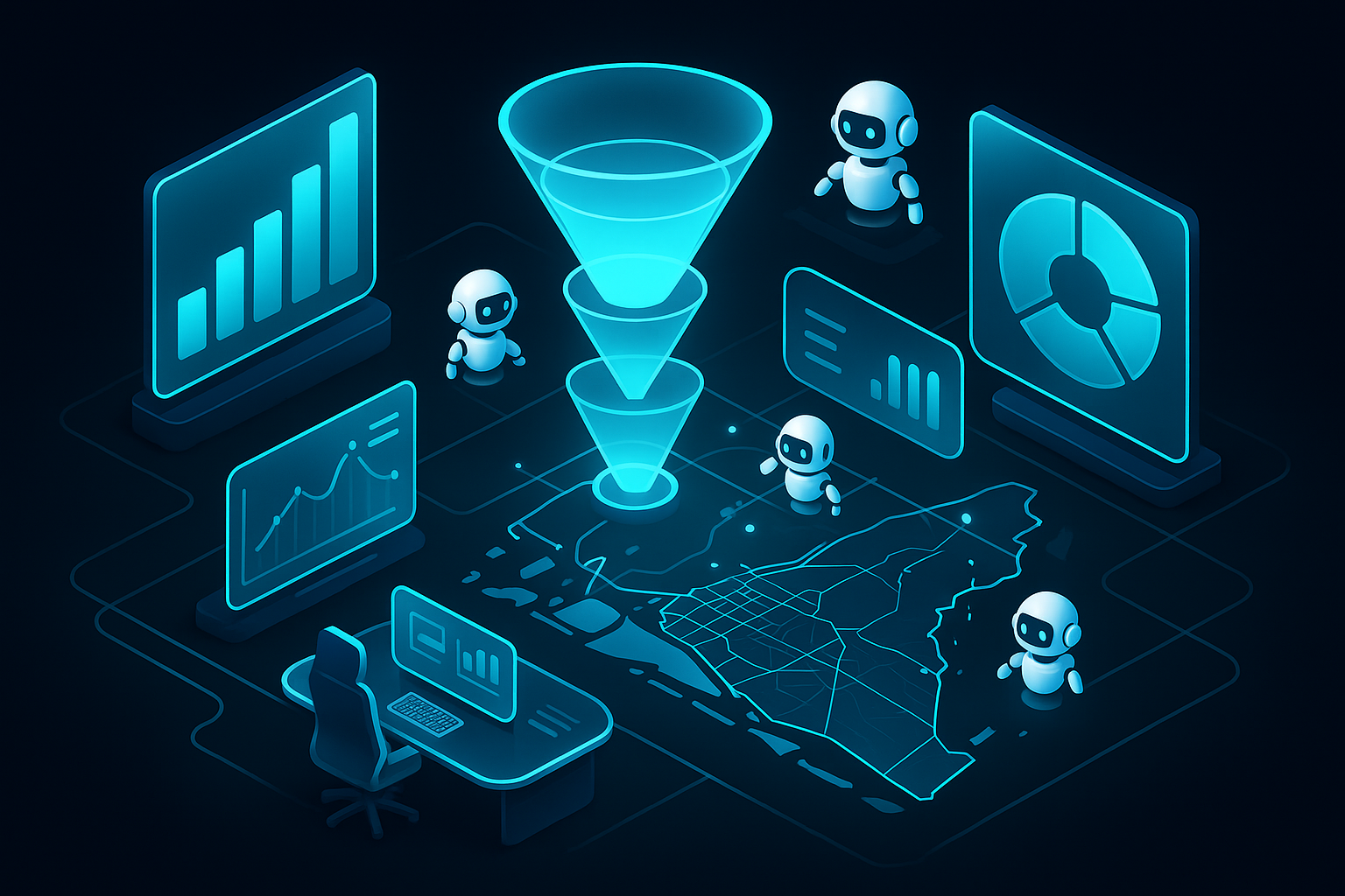A detailed, futuristic 3D isometric analytics command center with glassmorphism dashboards, cyan #00D4FF funnels for acquisition to revenue, and AI bots orchestrating optimizations across a map of Abu Dhabi
