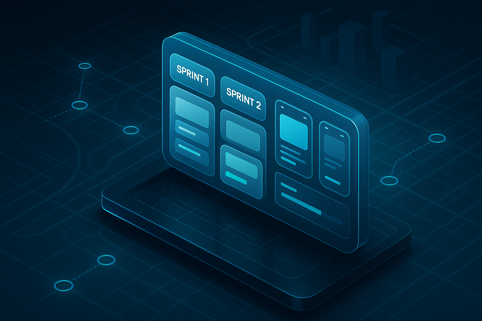 A detailed, futuristic 3D isometric timeline board floating above a dark glass surface, with sprint cards, PWA screens, and cyan progress bars, set against an abstract Dubai city grid with holographic checkpoints