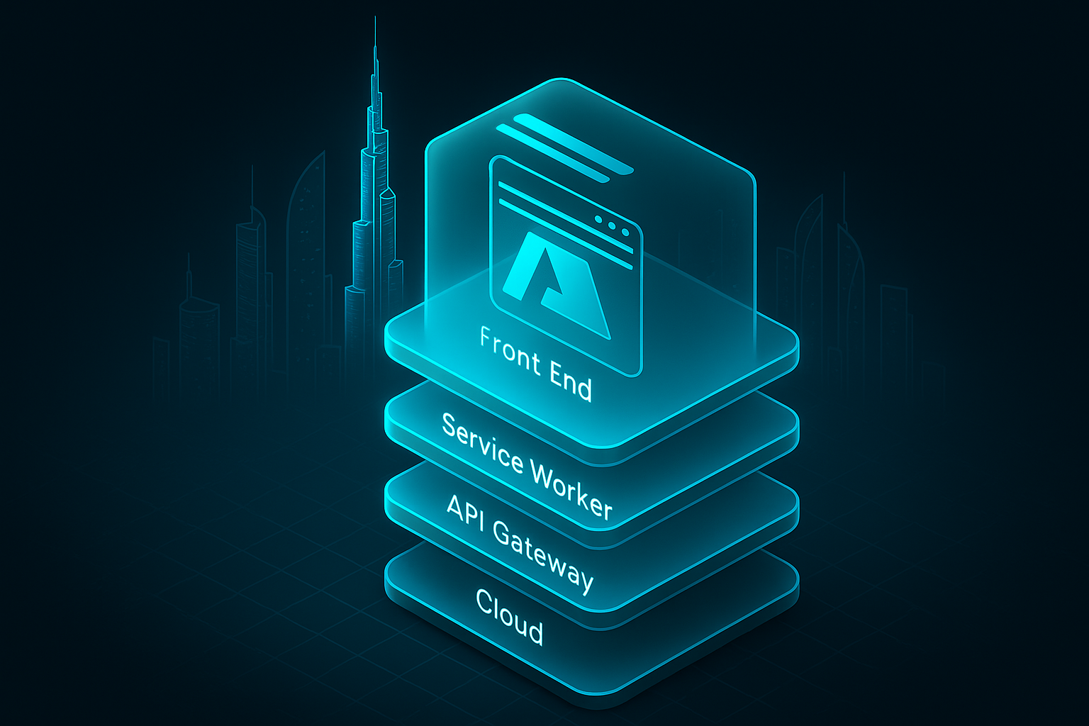 A detailed, futuristic 3D isometric description of a glassmorphism PWA stack, with cyan #00D4FF glow, layers for front end, service worker, API gateway, and cloud data nodes, set against a dark Abu Dhabi skyline hologram
