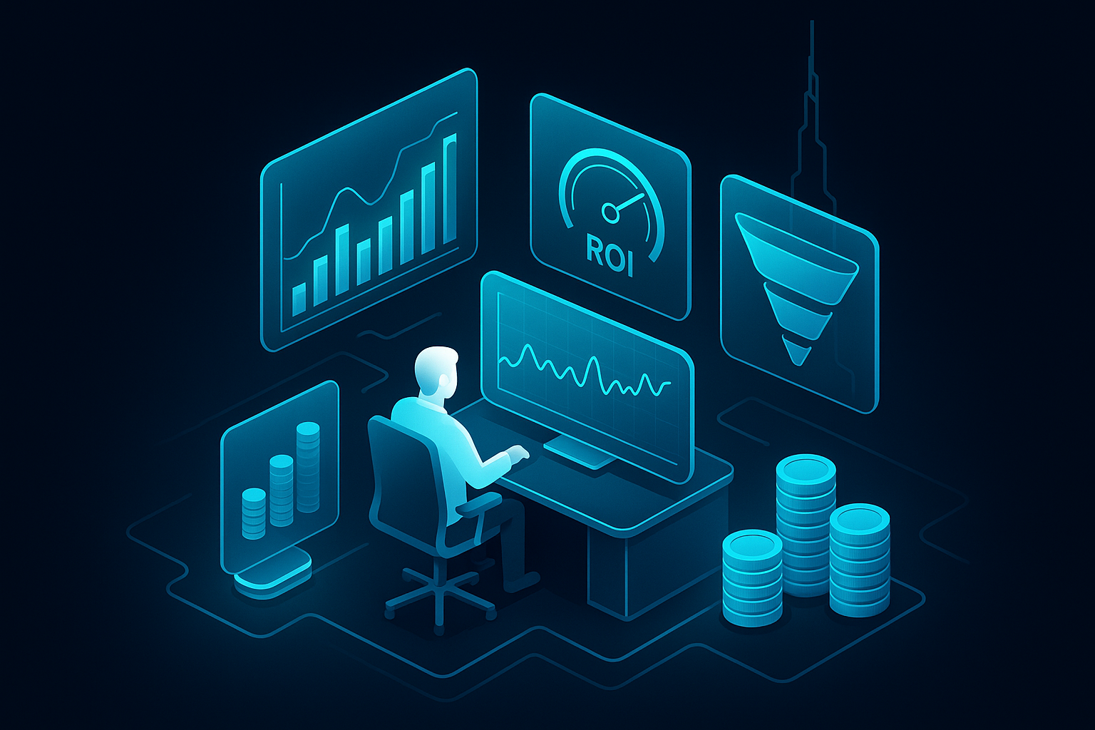 A detailed, futuristic 3D isometric description of a CFO style analytics cockpit with floating glass dashboards, ROI gauges, conversion funnels, and coin stacks, all illuminated by cyan #00D4FF accents, with a subtle outline of Burj Khalifa in the background
