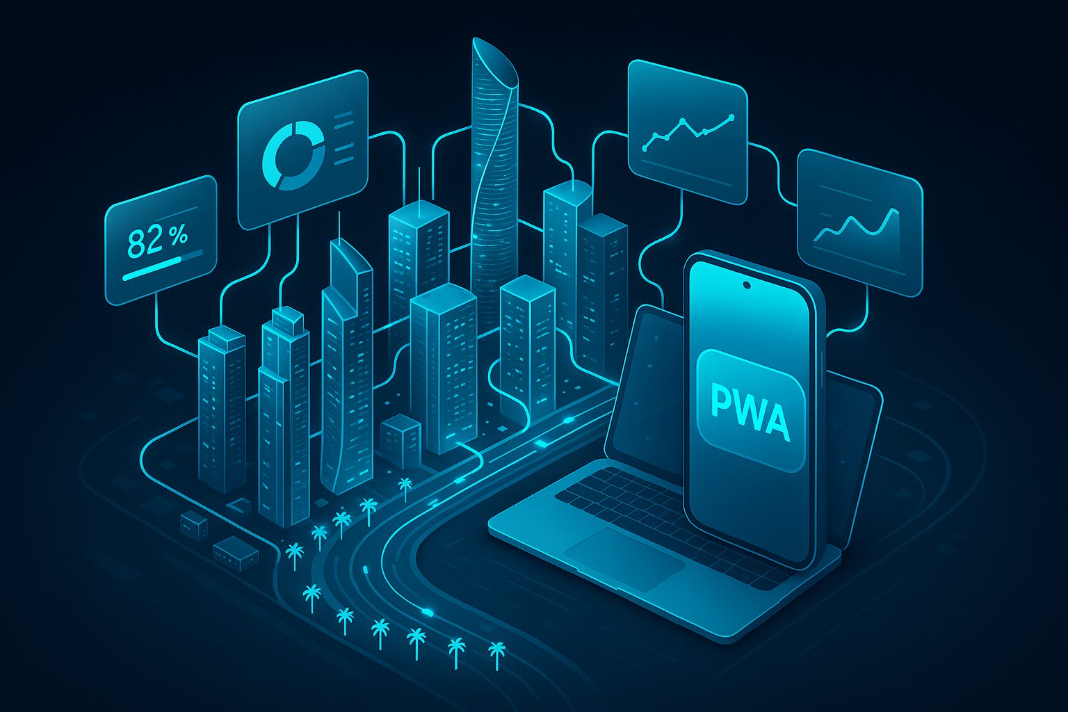 A detailed, futuristic 3D isometric view of Abu Dhabi Corniche at night, glowing cyan #00D4FF data streams connecting skyscrapers, floating glass UI cards showing KPIs, and a large PWA install button hovering above a phone and laptop