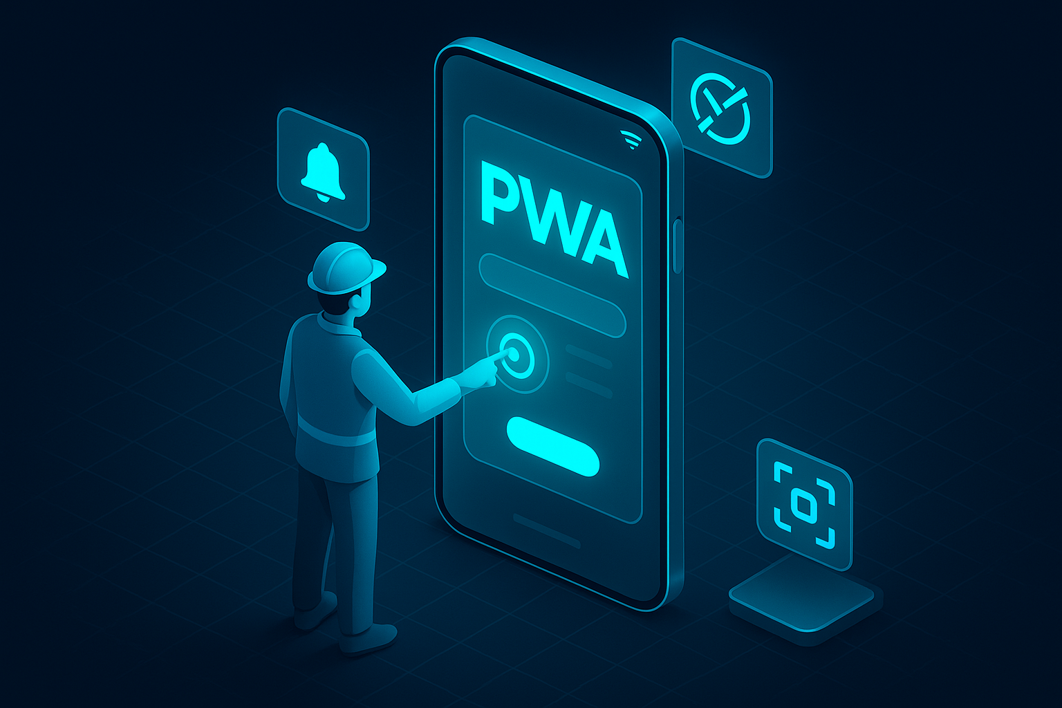 A detailed, futuristic 3D isometric description of a worker using a cyan glowing PWA on a smartphone, with offline sync icons, push notifications, and camera scanning, all within a glassmorphism mobile interface