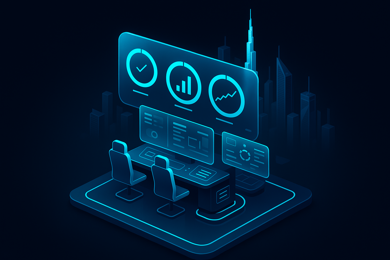 A detailed, futuristic 3D isometric description of The Bridge Technology control room with glass dashboards, cyan #00D4FF progress arcs for build, publish, and grow stages, and a floating Dubai skyline backdrop in premium dark mode