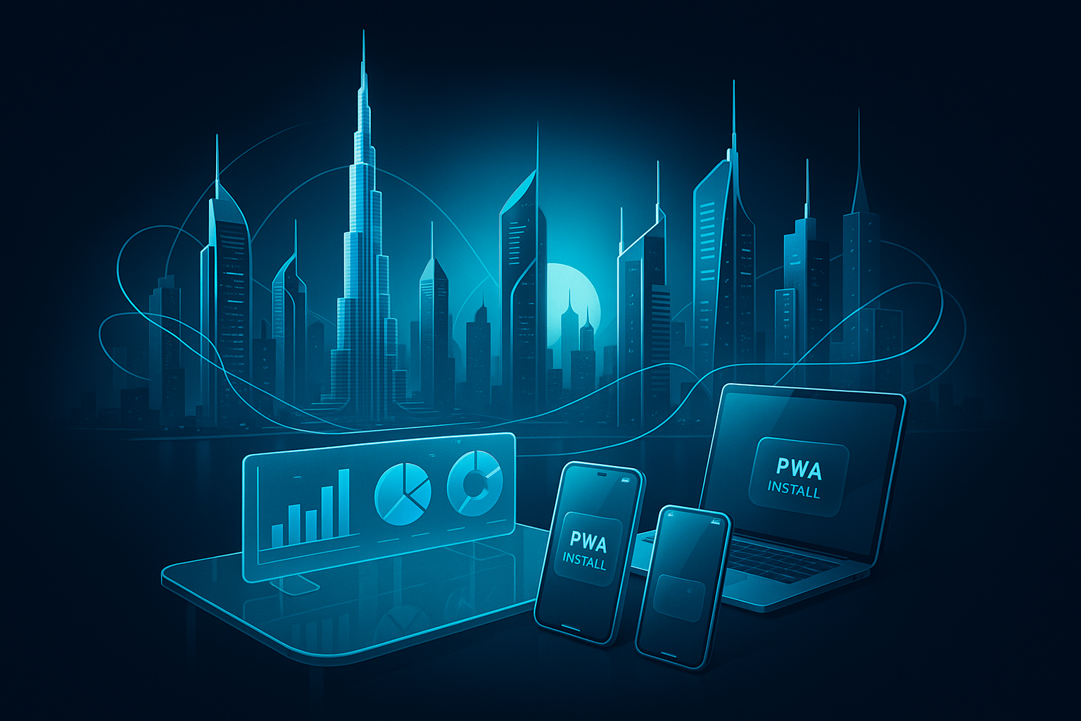 A detailed, futuristic 3D isometric description of a sunrise Dubai skyline with cyan light trails connecting towers, holographic charts hovering above a glass conference table, and a PWA install prompt glowing on multiple devices in glassmorphism style