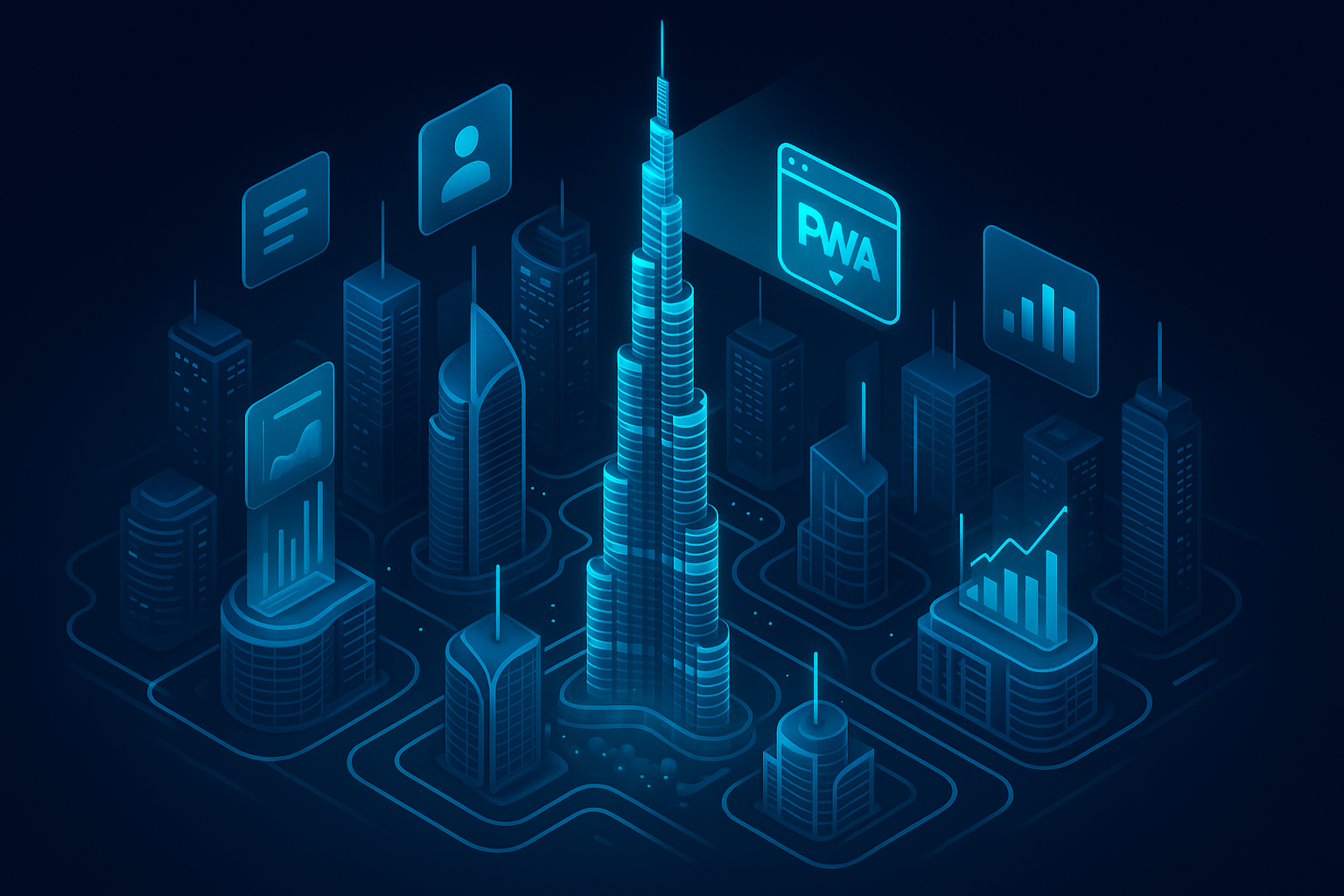 A detailed, futuristic 3D isometric description of a night time Dubai skyline with neon cyan #00D4FF highlights, glassmorphism cards floating above towers, holographic ROI charts rising from rooftops, and a sleek PWA install icon projecting onto the Burj Khalifa.