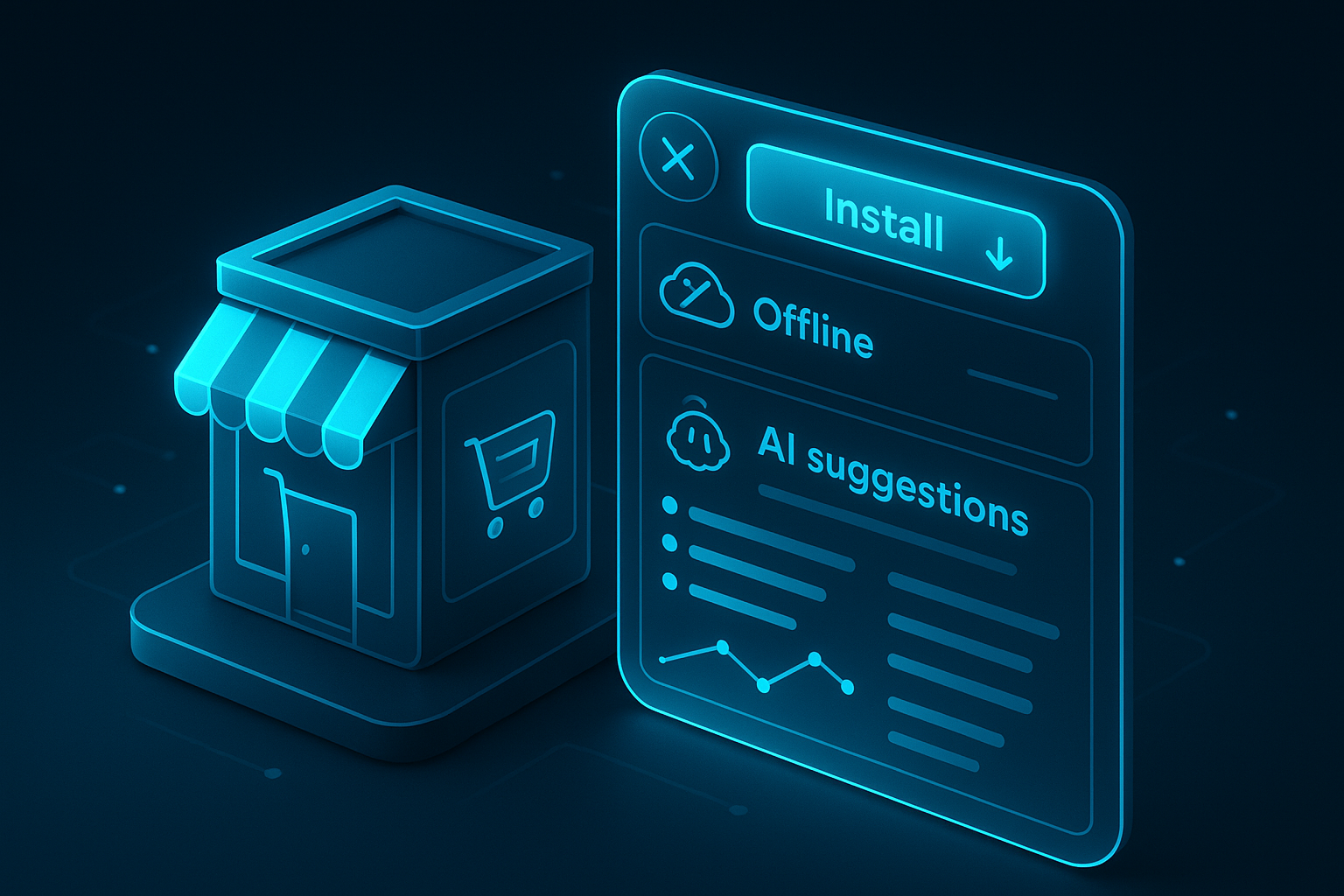 A detailed, futuristic 3D isometric storefront and operations dashboard running as a PWA, with install buttons, offline indicators, and AI suggestions, glowing in cyan #00D4FF on a dark glassmorphism background