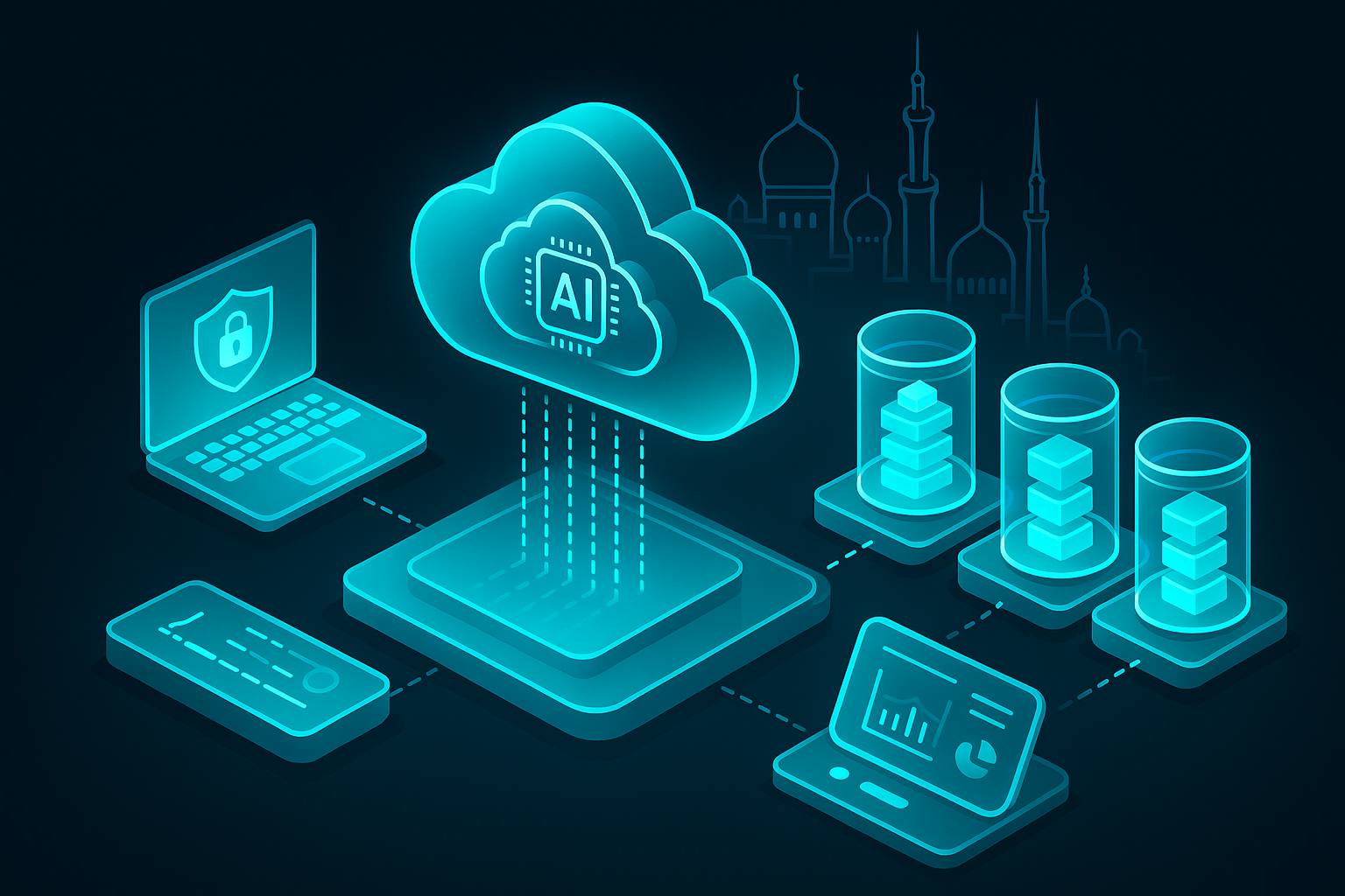 A detailed, futuristic 3D isometric description of a cloud to edge AI pipeline with encrypted data streams, model training pods, and a governance console, all glowing in cyan with Arabic city architecture motifs