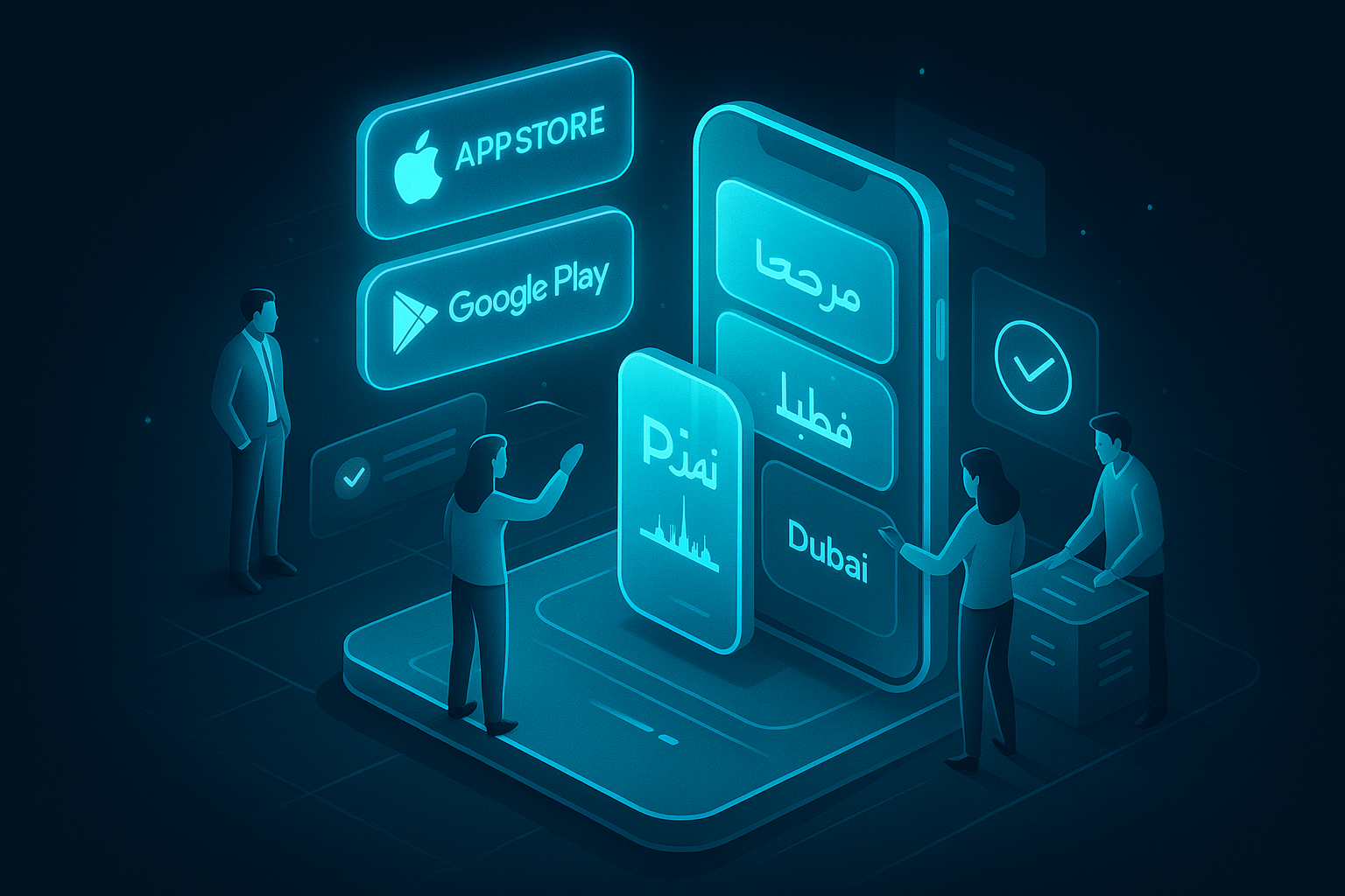 A detailed, futuristic 3D isometric description of a product team assembling a PWA for Dubai markets, with holographic App Store and Google Play badges, Arabic and English UI tiles, and compliance checkmarks in cyan neon