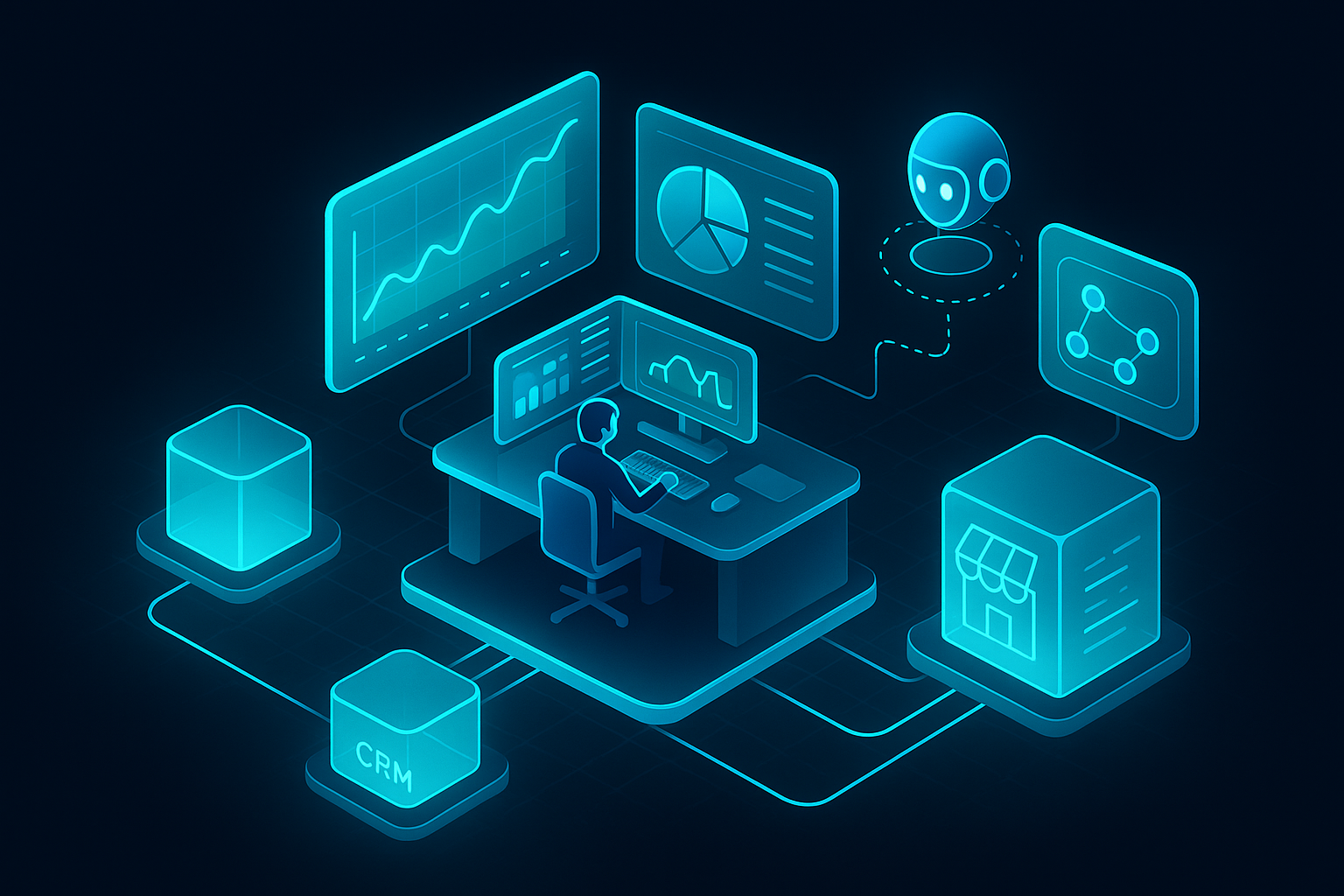 A detailed, futuristic 3D isometric description of a glassmorphism analytics command center, with holographic charts in cyan #00D4FF, AI assistant nodes suggesting budget shifts, and data streams flowing from CRM, ad platforms, and a PWA storefront.