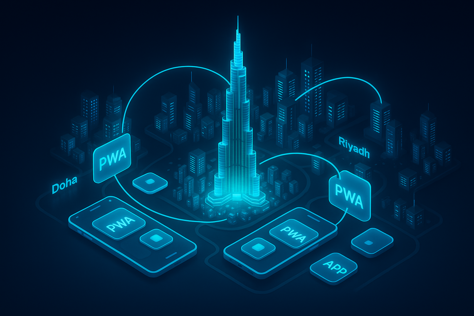 A detailed, futuristic 3D isometric description of a glowing GCC skyline at night, with neon cyan commerce streams connecting Dubai, Riyadh, and Doha, plus floating PWA app tiles across phones and tablets, rendered in glassmorphism style