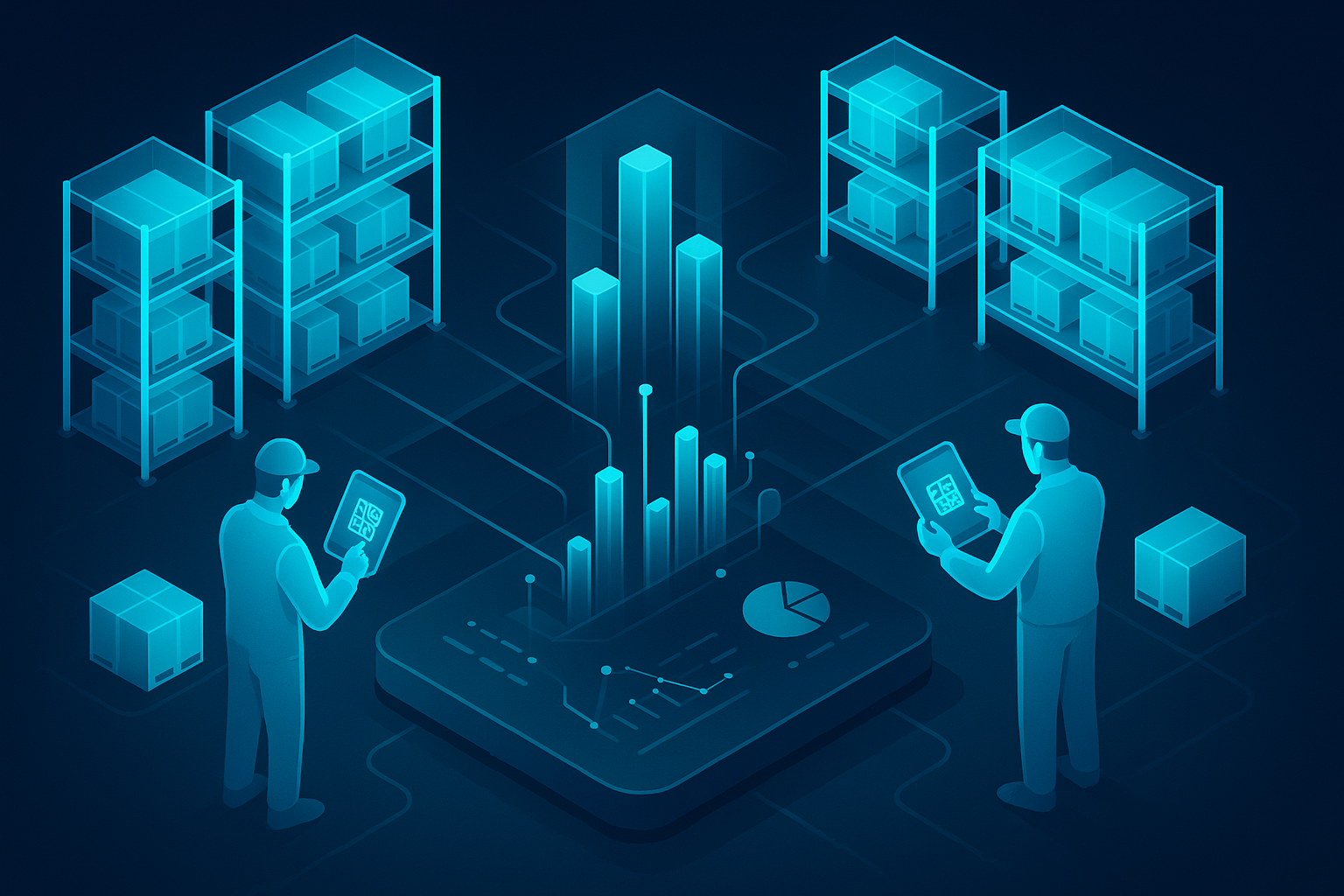 A detailed, futuristic 3D isometric description of a warehouse floor in Abu Dhabi with cyan holographic shelves, technicians scanning QR codes with a glassy PWA interface, and real time analytics beams connecting to a central command hub in dark mode glassmorphism.