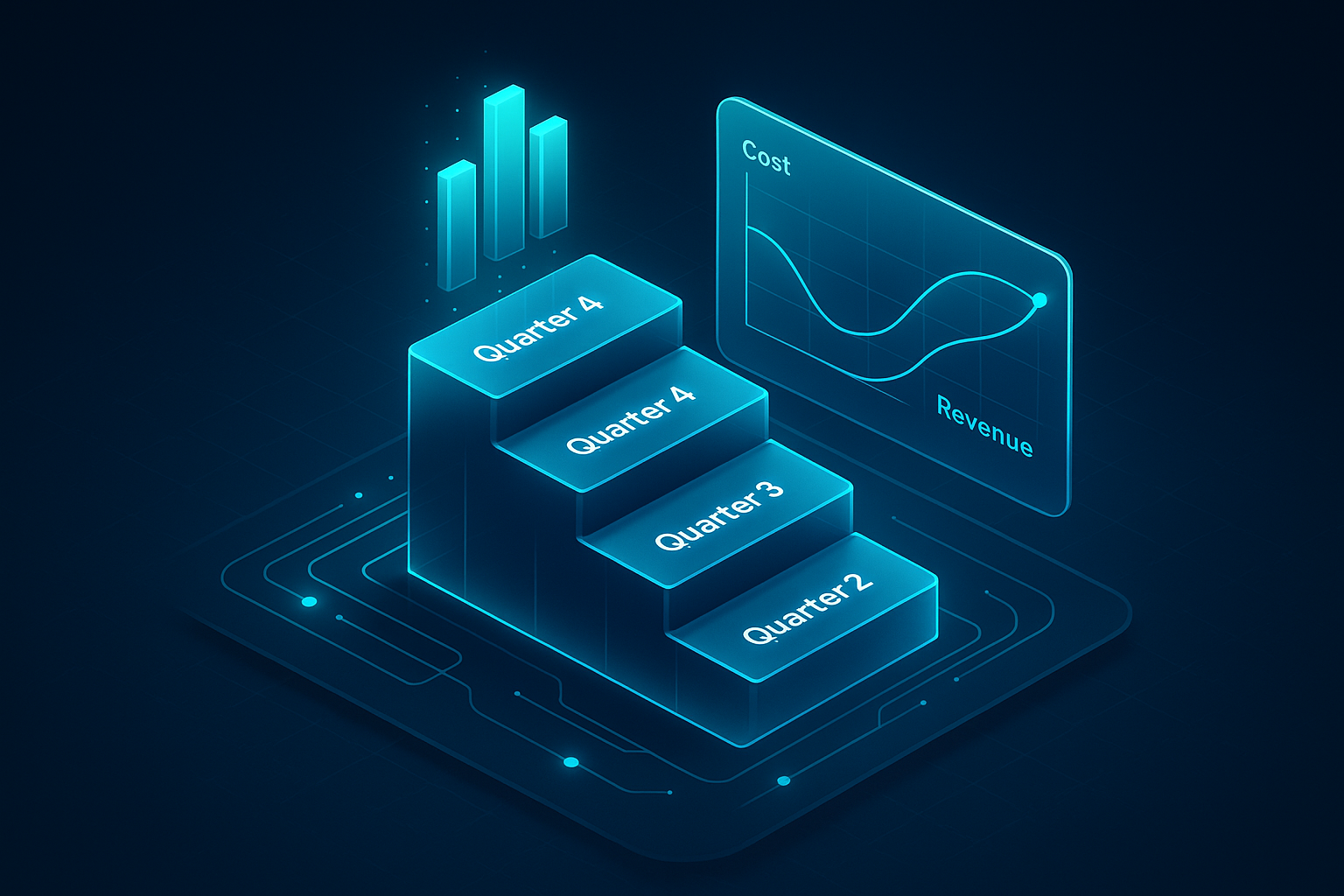 A detailed, futuristic 3D isometric description of a four tier roadmap staircase with each tier labeled Quarter 1 to Quarter 4, holographic KPIs floating above, cyan #00D4FF highlights, and a glass panel showing cost and revenue curves