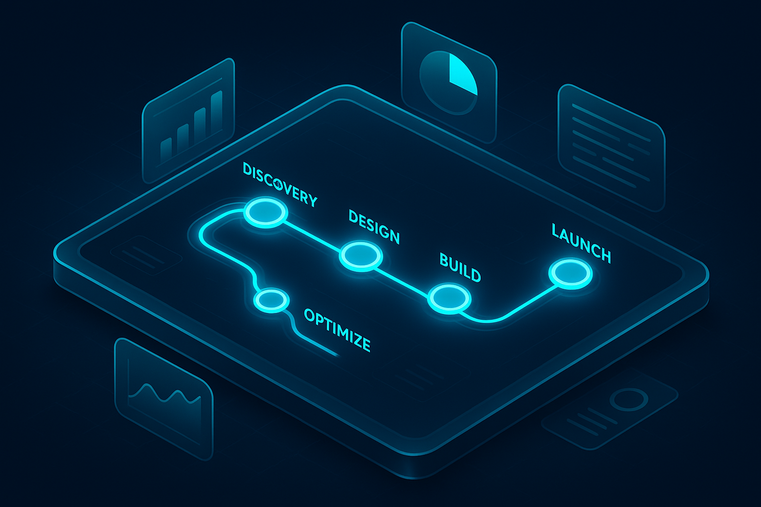 A sleek 3D isometric roadmap board in dark mode, with five glowing cyan #00D4FF milestones labeled Discovery, Design, Build, Optimize, Launch, connected by light trails and surrounded by glass UI cards for KPIs