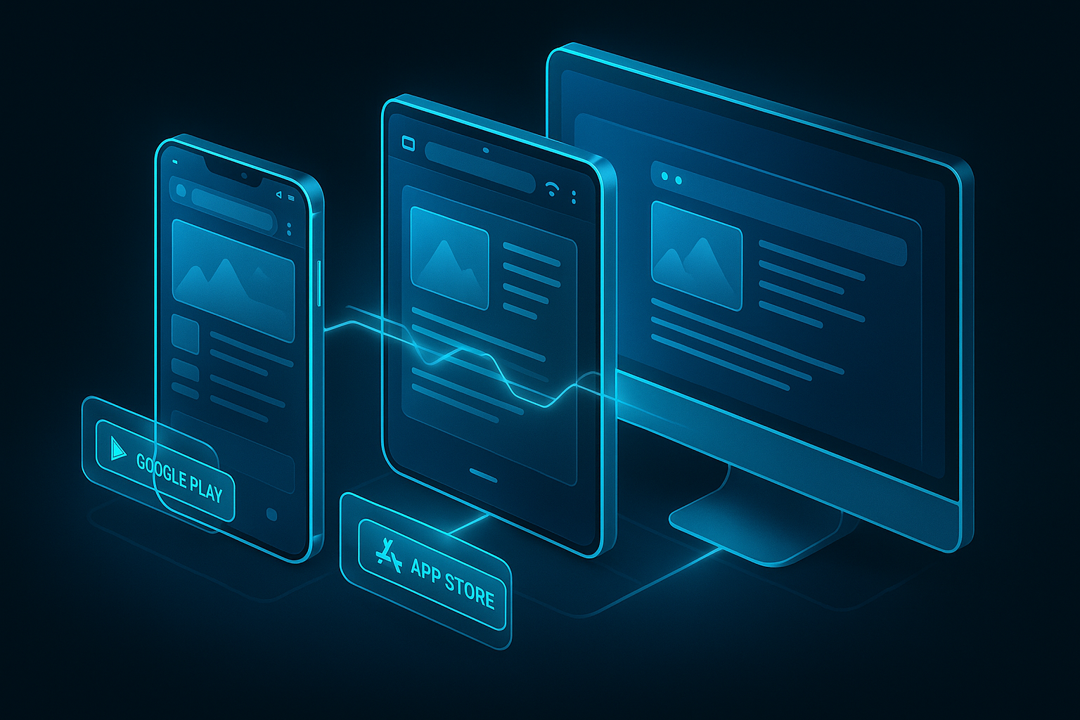 A detailed, futuristic 3D isometric description of a Progressive Web App running on phone, tablet, and desktop simultaneously, all in glassmorphism style with cyan highlights; install buttons for Google Play and App Store hover as holograms; seamless sync animation between devices