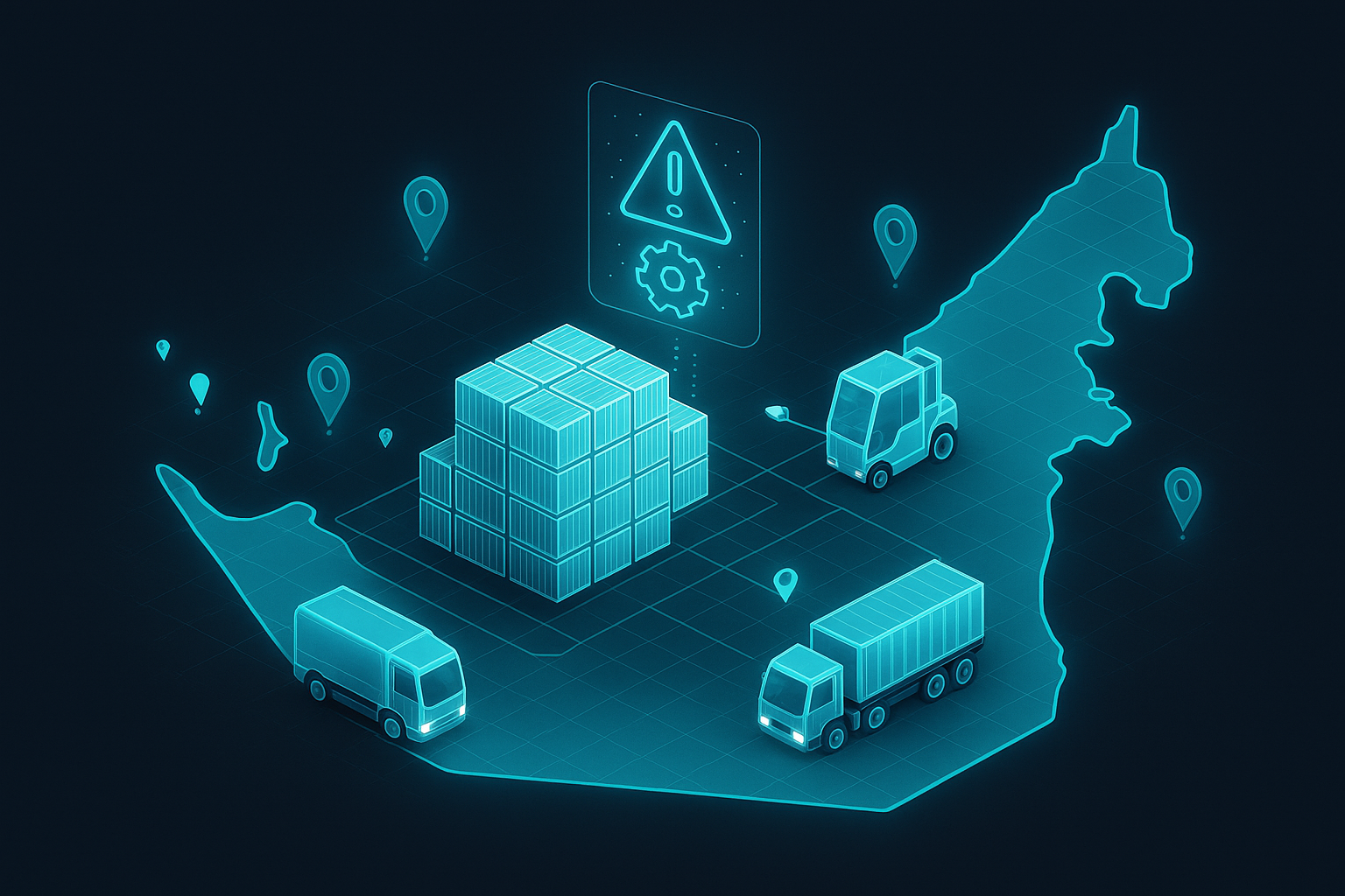 A detailed, futuristic 3D isometric description of a logistics digital twin, with autonomous vehicles, container stacks, and holographic maintenance alerts in neon cyan floating above a stylized map of the UAE