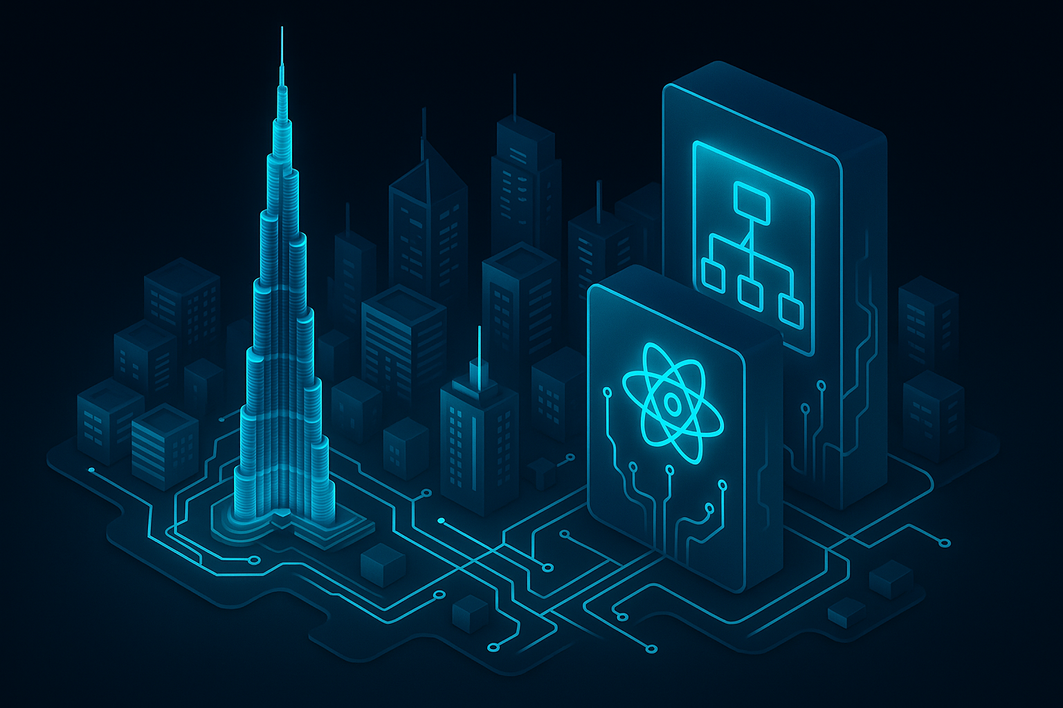 A detailed, futuristic 3D isometric skyline of Dubai at night in dark mode, with glowing cyan #00D4FF circuits connecting a React component tree on one tower and a Next.js routing map on another, all rendered in a glassmorphism style with soft neon edges
