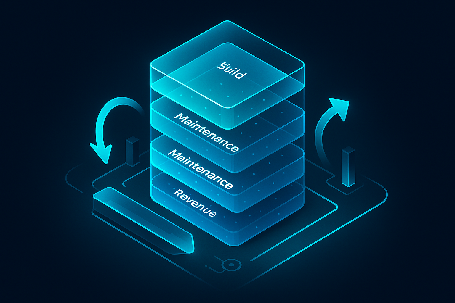 A detailed, futuristic 3D isometric description of a transparent glassmorphism cost stack, showing layers for Build, Maintenance, Marketing, and Revenue Lift, with cyan #00D4FF highlights and animated arrows pointing to reduced TCO and increased LTV