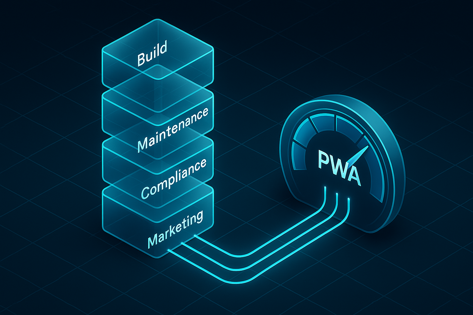 A detailed, futuristic 3D isometric description of layered cost blocks floating in glass panels, each labeled Build, Maintenance, Compliance, Marketing, with cyan lines flowing into an ROI meter that glows brighter for PWA, set against a dark mode grid
