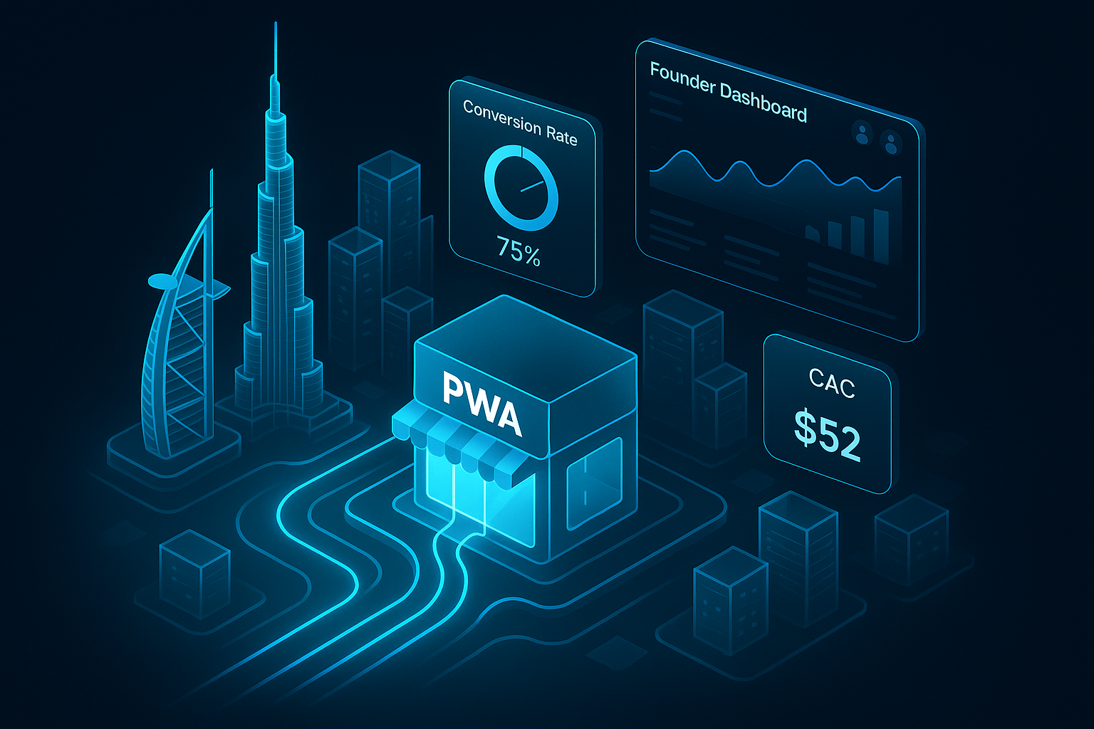 A detailed, futuristic 3D isometric description of a glass cityscape of Dubai with cyan light trails flowing into a central PWA storefront, floating KPI panels for conversion rate and CAC, and a founder dashboard hovering in dark mode