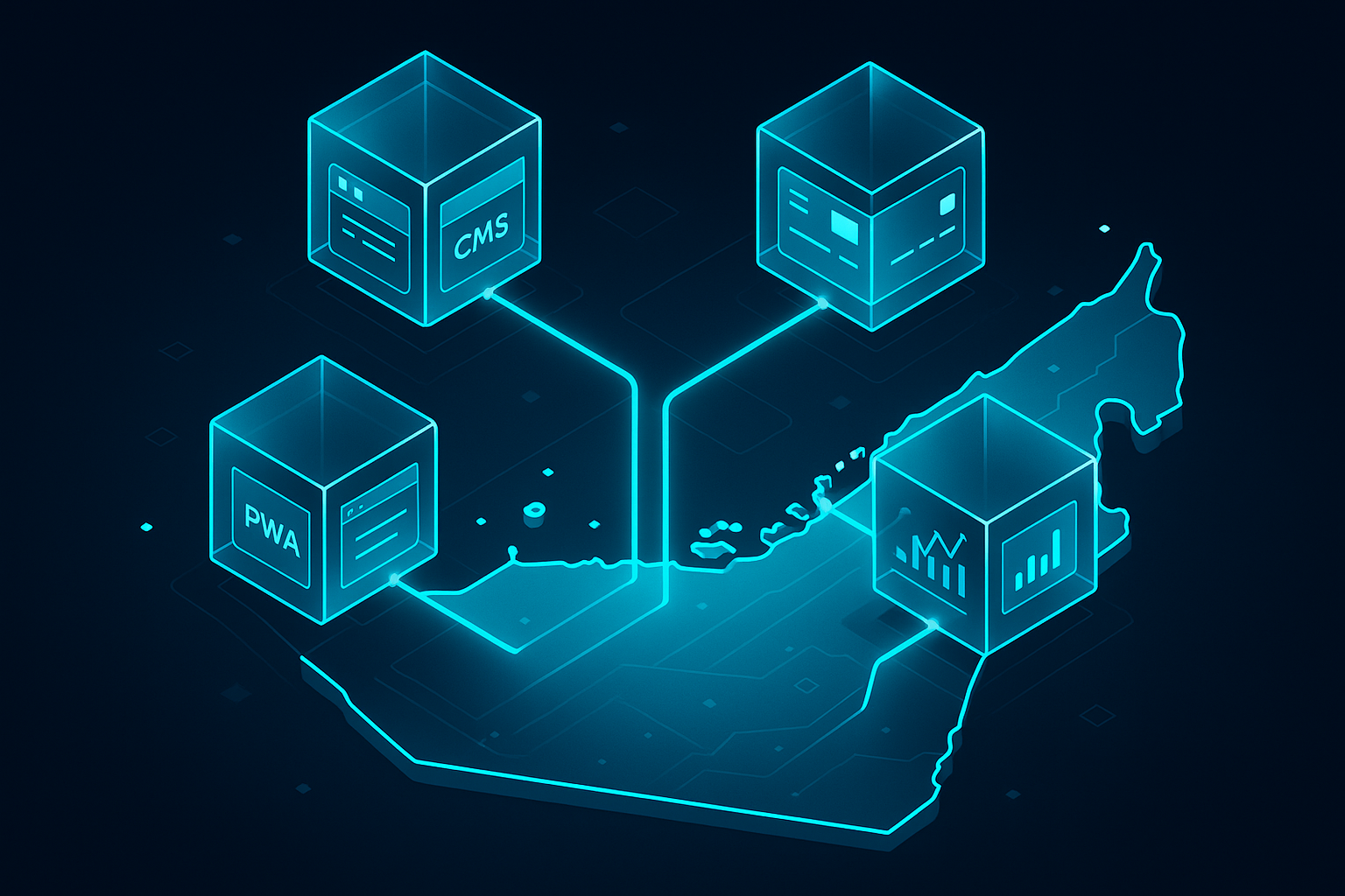 A detailed, futuristic 3D isometric description of interconnected glass microservices cubes labeled CMS, Payments, Analytics, and PWA, all linked by cyan #00D4FF beams over a stylized UAE map