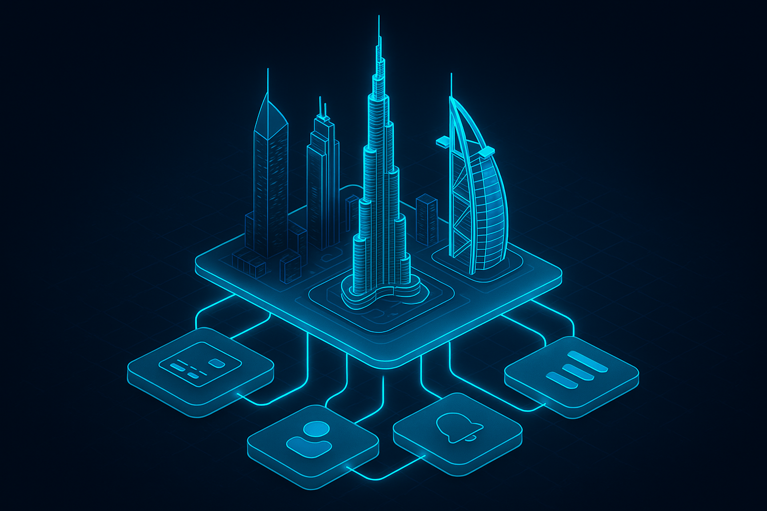 A detailed, futuristic 3D isometric description of a Dubai skyline fused with layered app architecture tiles in glassmorphism style, cyan #00D4FF glow on data pipelines connecting modules like payments, CRM, analytics, and push notifications, all floating over a dark mode grid