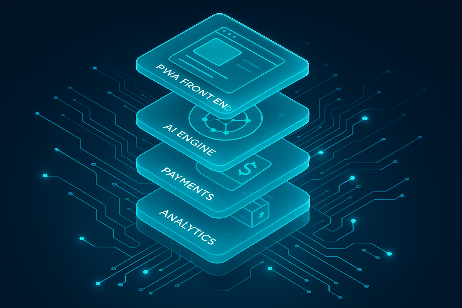A detailed, futuristic 3D isometric blueprint of a GCC commerce tech stack, with layered glassmorphism panels for PWA front end, AI engine, payments, logistics, and analytics, all linked by cyan #00D4FF circuits