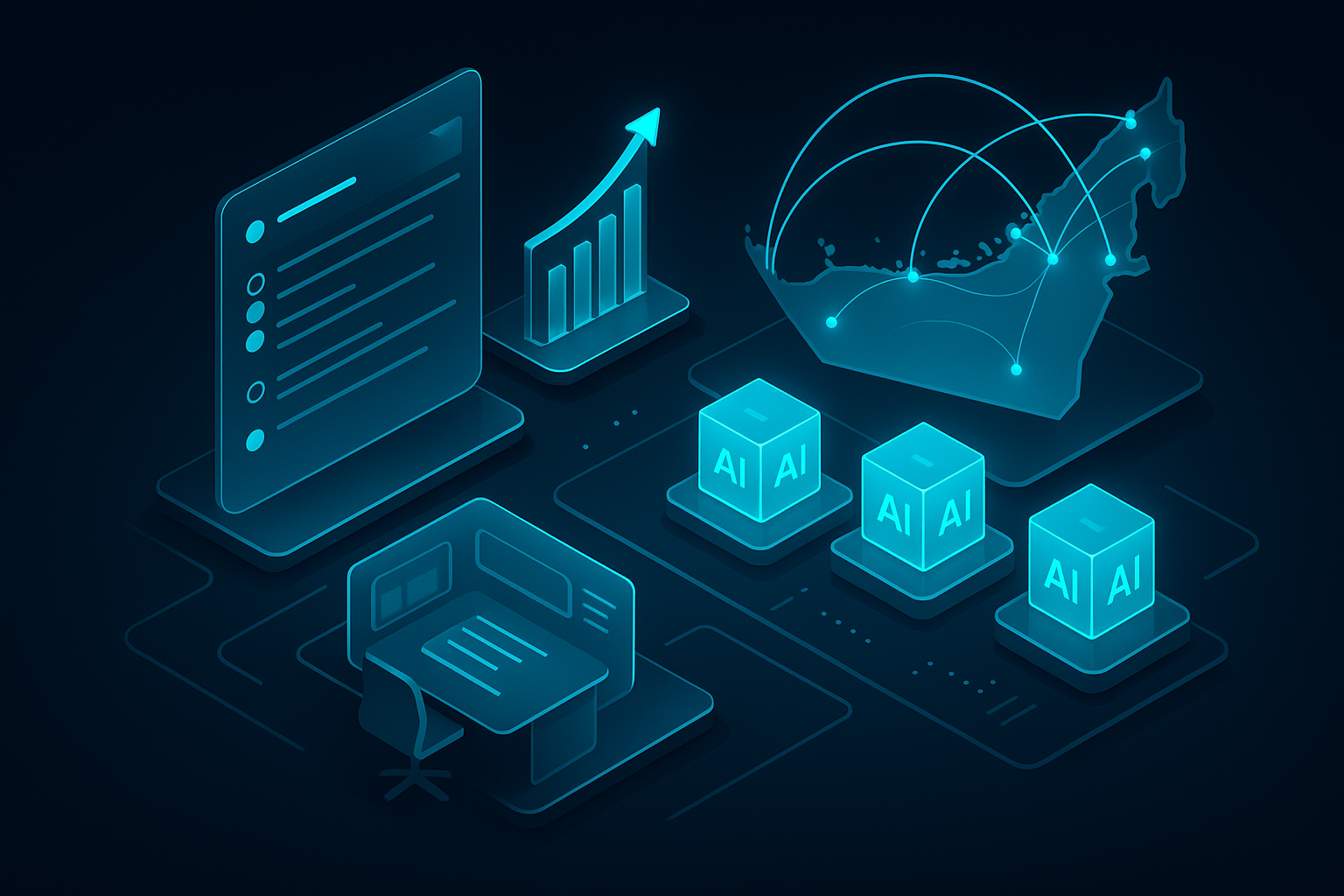 A detailed, futuristic 3D isometric control room with sprints on floating glass tiles, AI models as glowing cubes, ROI gauges rising, a map of UAE cities connected by cyan #00D4FF arcs.